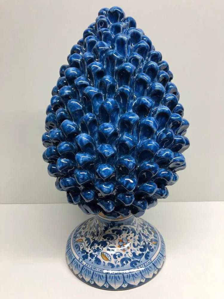 Pigna Ceramica Caltagirone cm H.35 Artigianale Blu Antico Base Decorata Fiori DD CERAMICHE SICILIANE