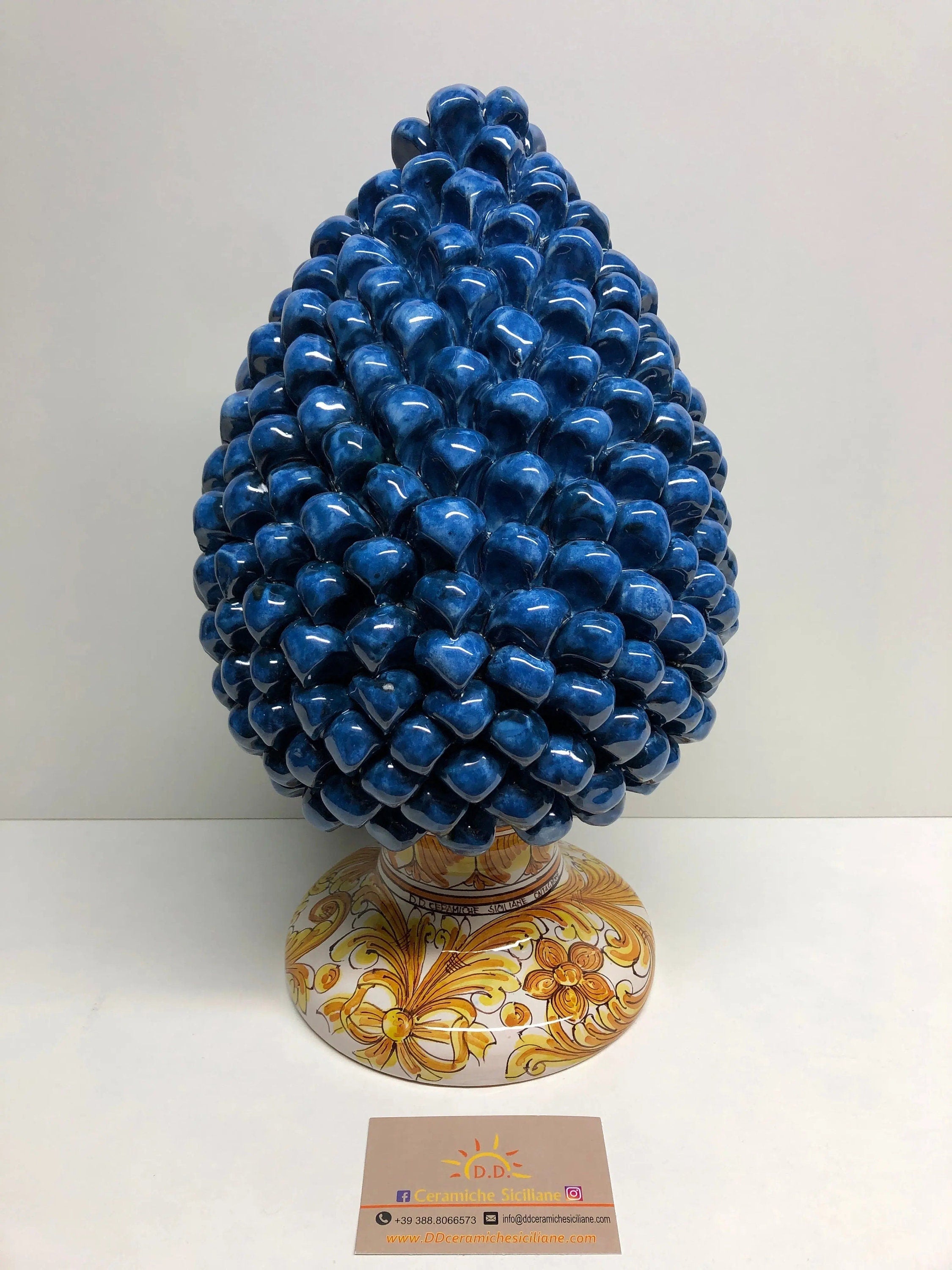 Pigna Ceramica Caltagirone cm H.35 Artigianale Blu Antico Base Decorata DD CERAMICHE SICILIANE