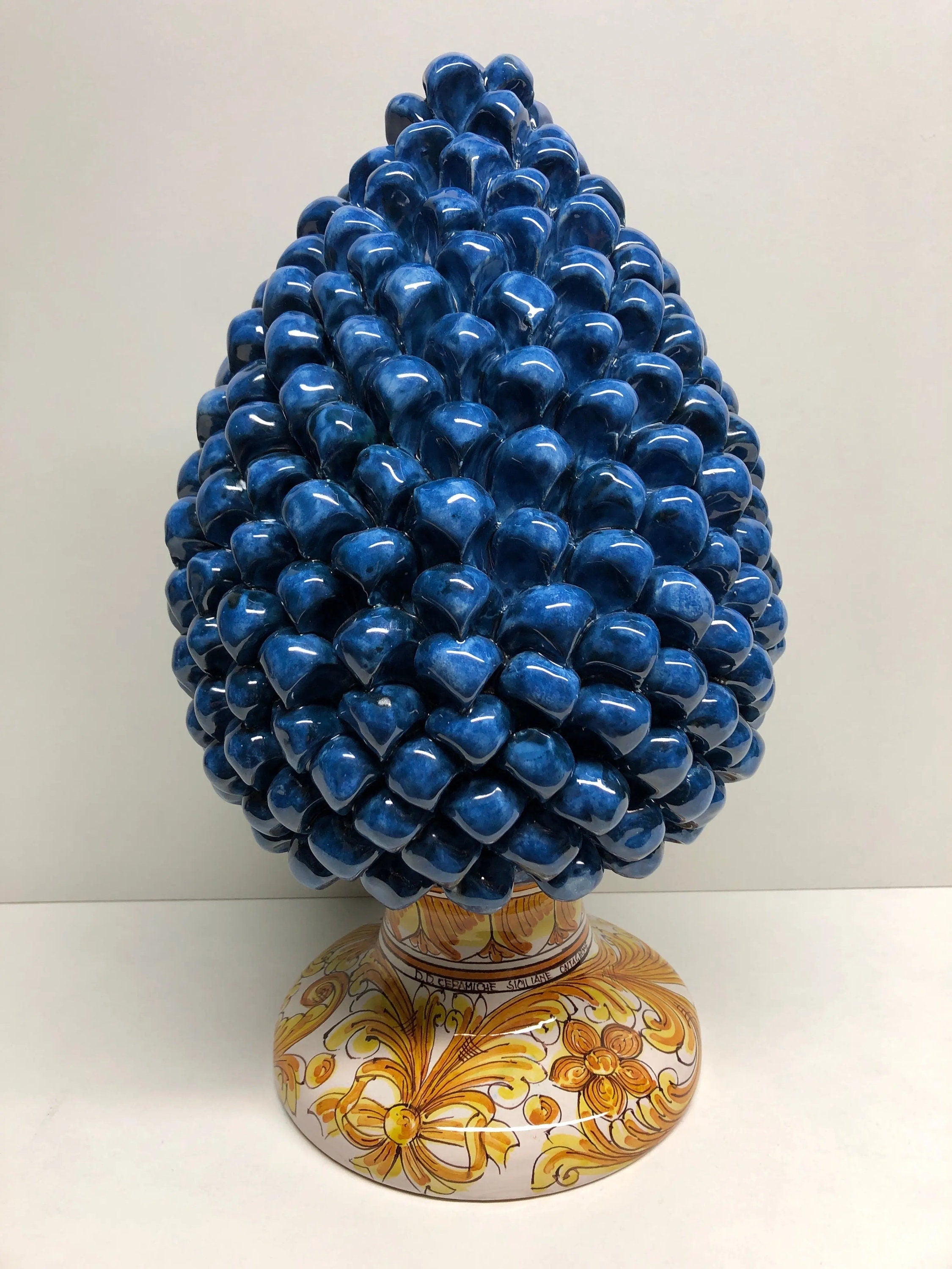 Pigna Ceramica Caltagirone cm H.35 Artigianale Blu Antico Base Decorata DD CERAMICHE SICILIANE