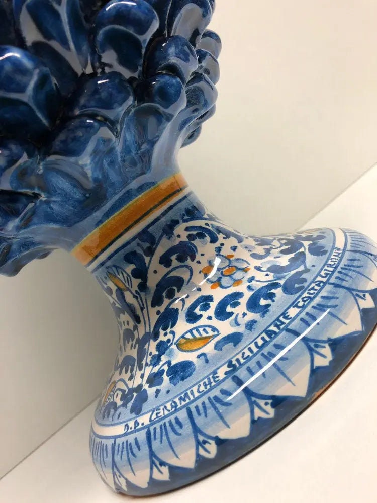 Pigna Ceramica Caltagirone cm H.35 Artigianale Blu Antico Base Decorata Fiori DD CERAMICHE SICILIANE