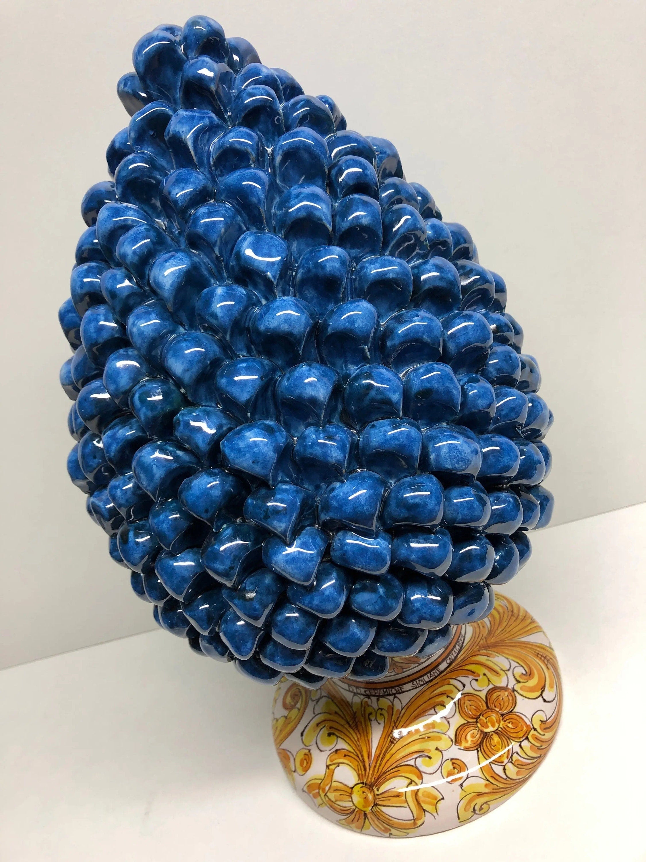 Pigna Ceramica Caltagirone cm H.35 Artigianale Blu Antico Base Decorata DD CERAMICHE SICILIANE
