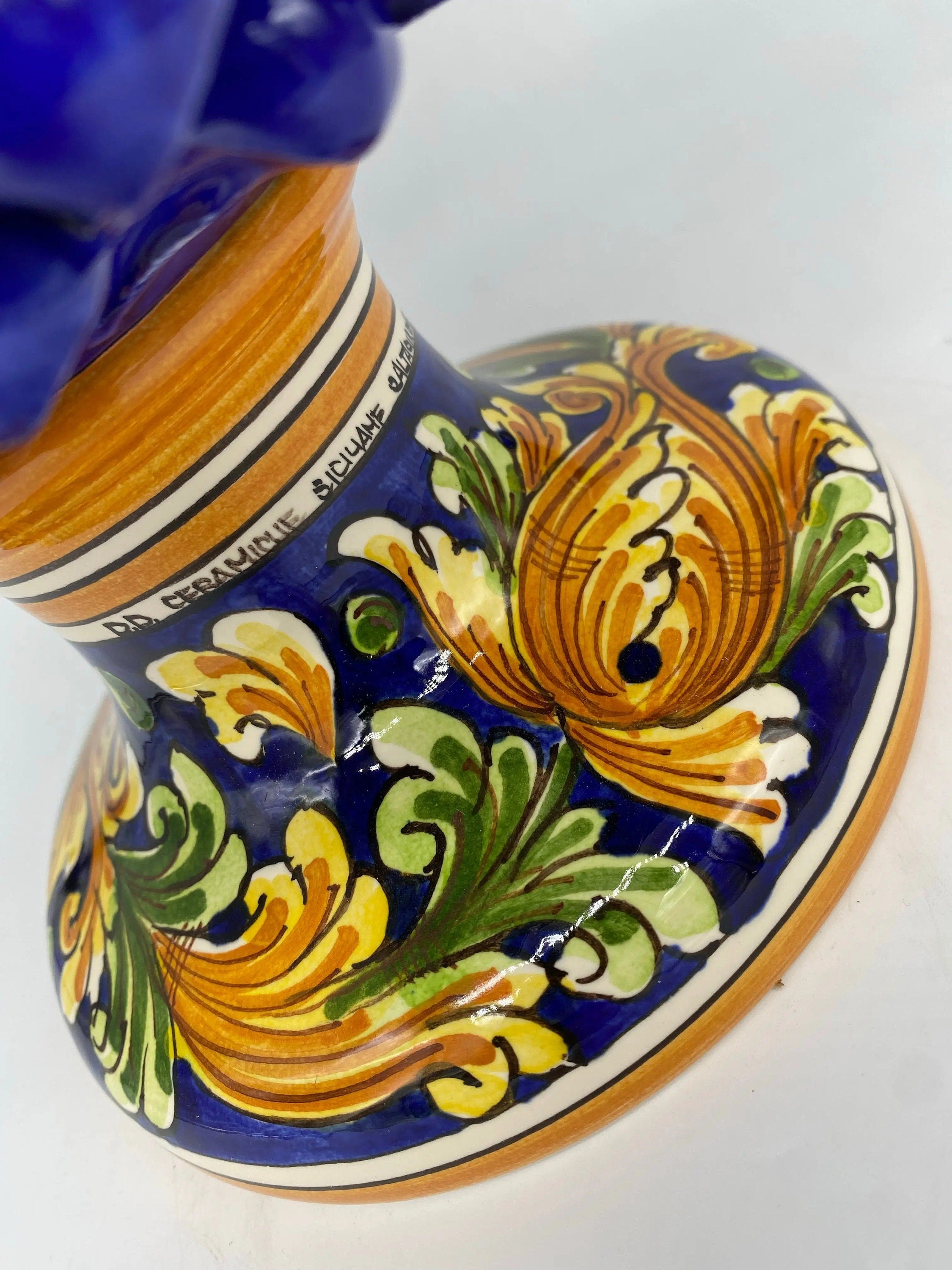 Pigna Ceramica Caltagirone cm H.35 Artigianale Blu Base Decorata DD CERAMICHE SICILIANE