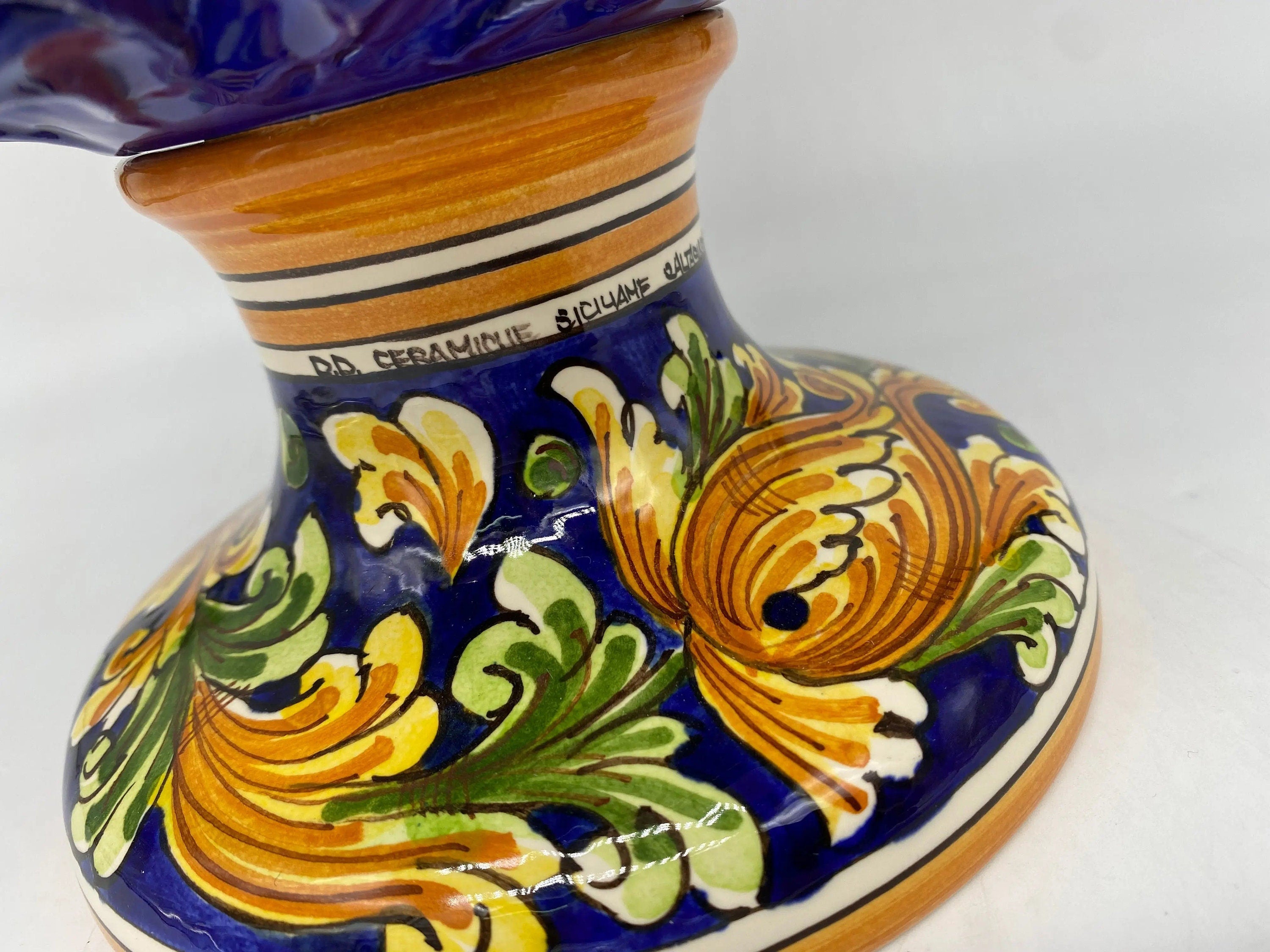 Pigna Ceramica Caltagirone cm H.35 Artigianale Blu Base Decorata DD CERAMICHE SICILIANE