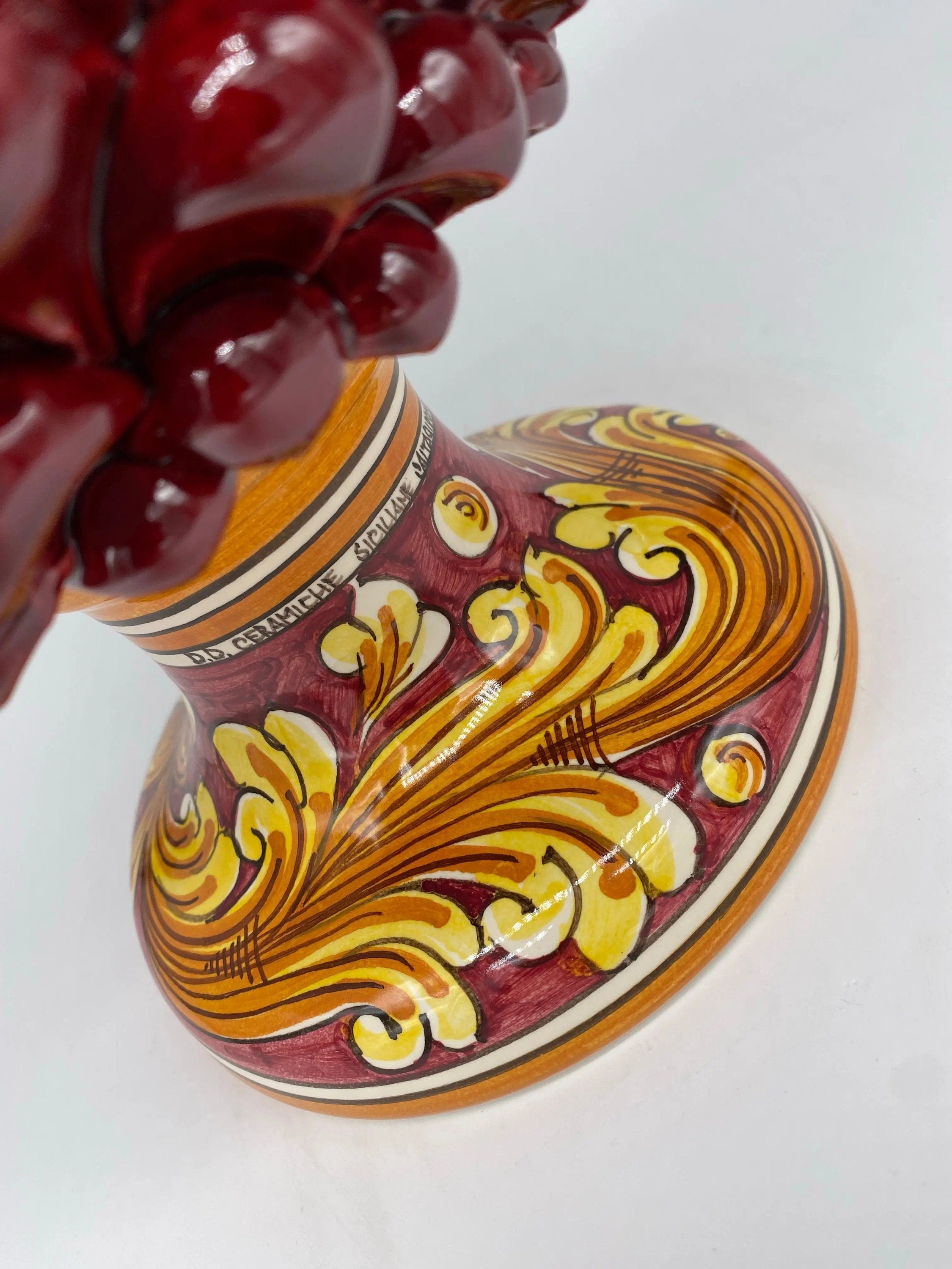 Pigna Ceramica Caltagirone cm H.35 Artigianale Bordeaux Base Decorata DD CERAMICHE SICILIANE