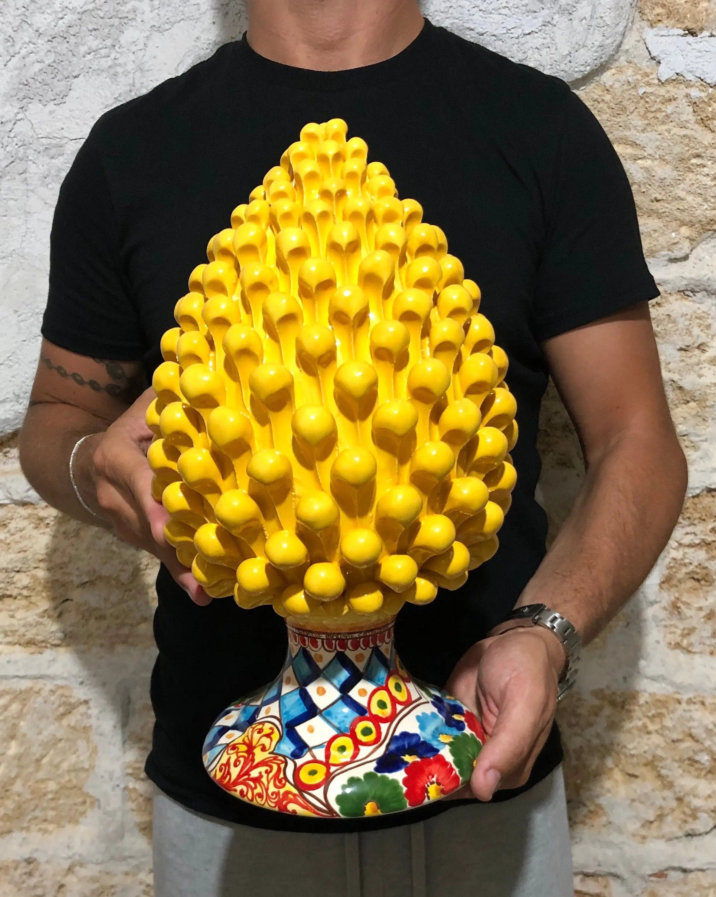 Pigna Ceramica Caltagirone cm H.35 Artigianale Giallo Base Decorata 2020 DD CERAMICHE SICILIANE