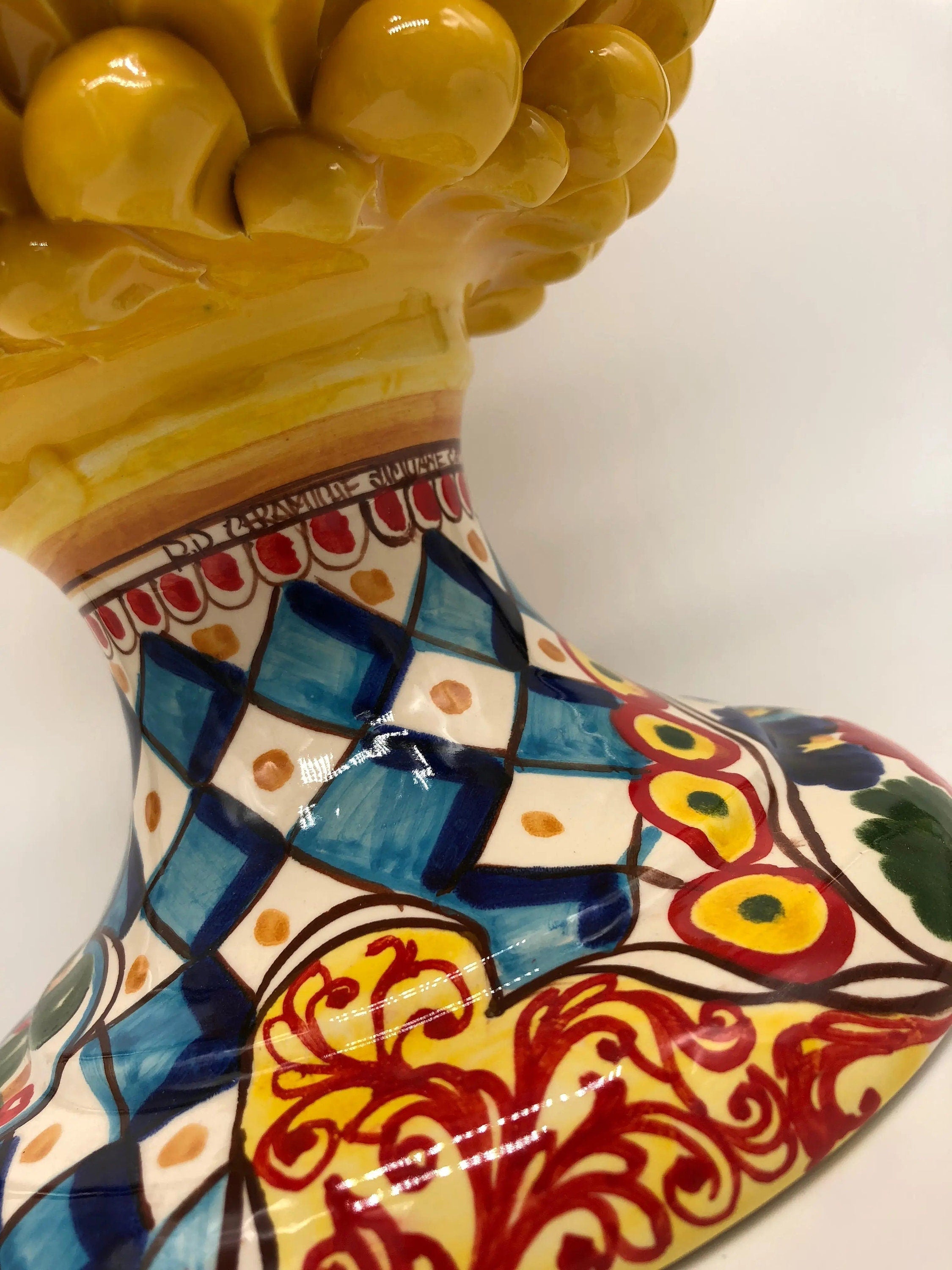 Pigna Ceramica Caltagirone cm H.35 Artigianale Giallo Base Decorata 2020 DD CERAMICHE SICILIANE