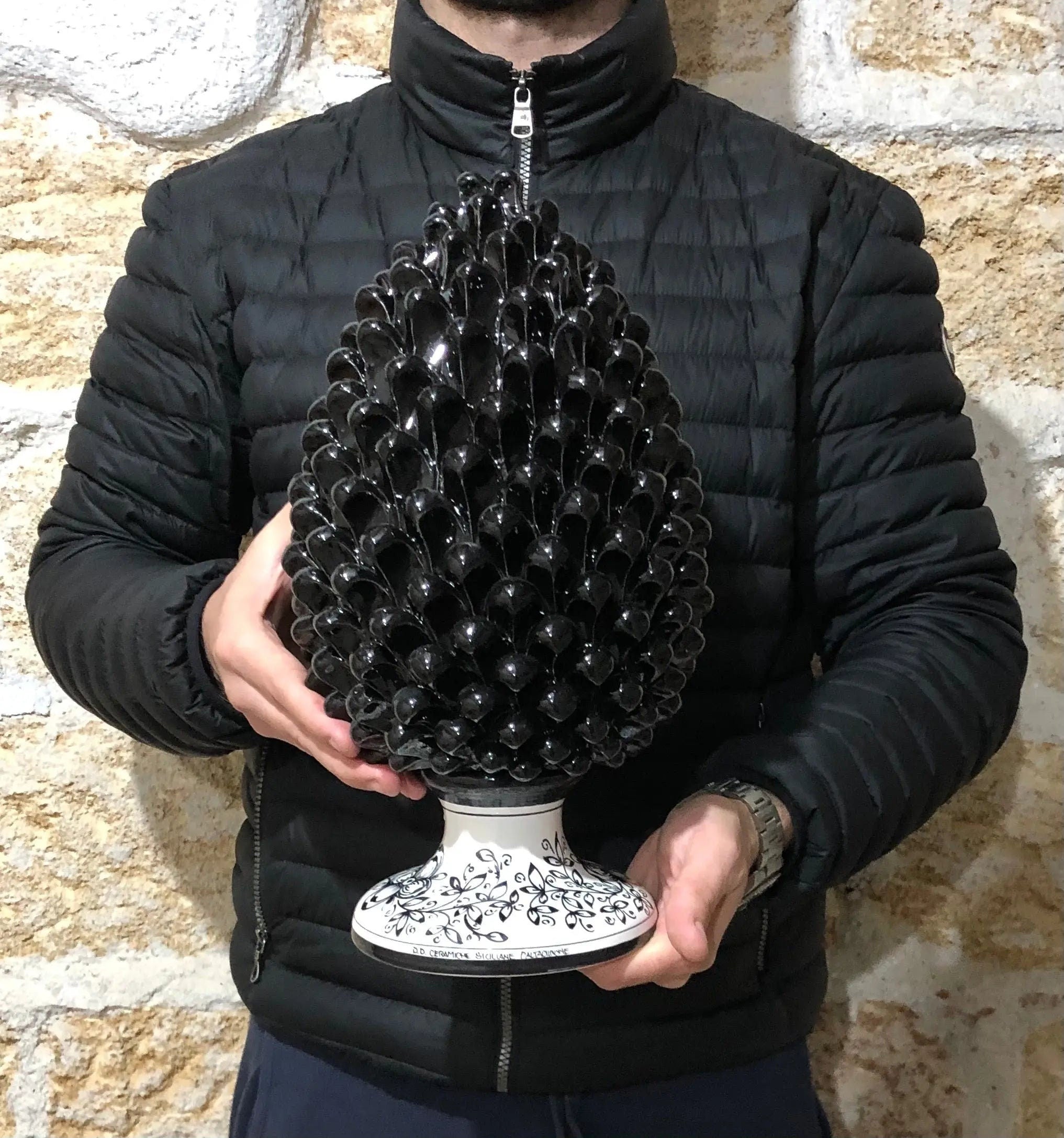 Pigna Ceramica Caltagirone cm H.35 Artigianale Nero Base Decorata DD CERAMICHE SICILIANE