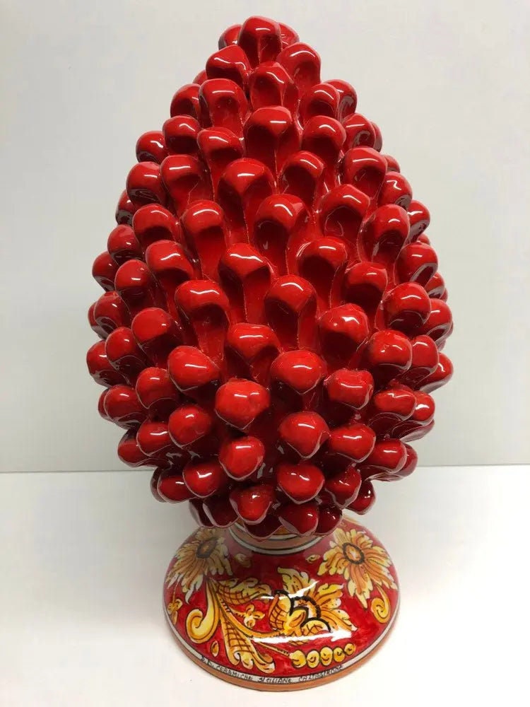 Pigna Ceramica Caltagirone cm H.35 Artigianale Rosso Base Decorata Giglio DD CERAMICHE SICILIANE