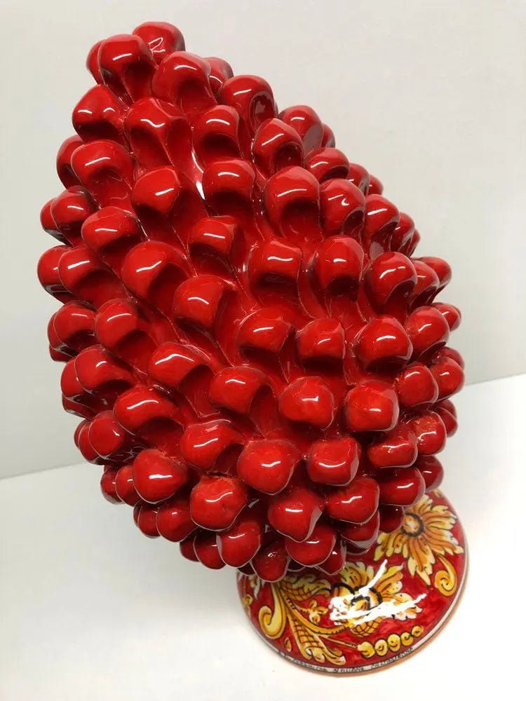 Pigna Ceramica Caltagirone cm H.35 Artigianale Rosso Base Decorata Giglio DD CERAMICHE SICILIANE