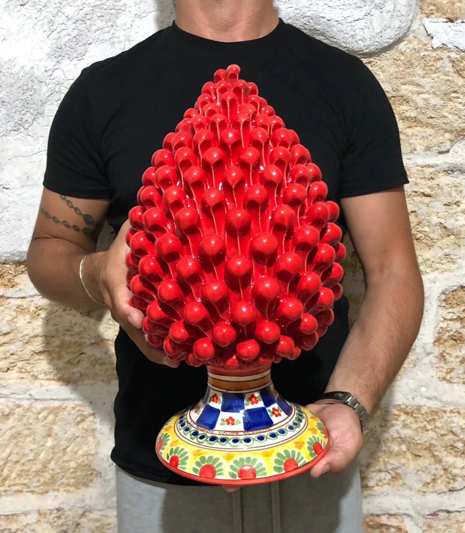 Pigna Ceramica Caltagirone cm H.35 Artigianale Rosso Base Decorata 2021 - DD CERAMICHE SICILIANE