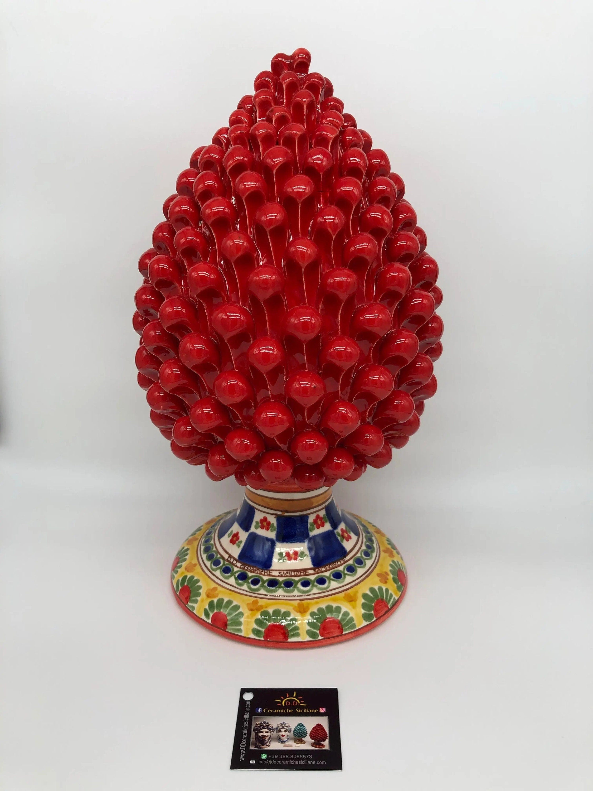 Pigna Ceramica Caltagirone cm H.35 Artigianale Rosso Base Decorata 2021 DD CERAMICHE SICILIANE