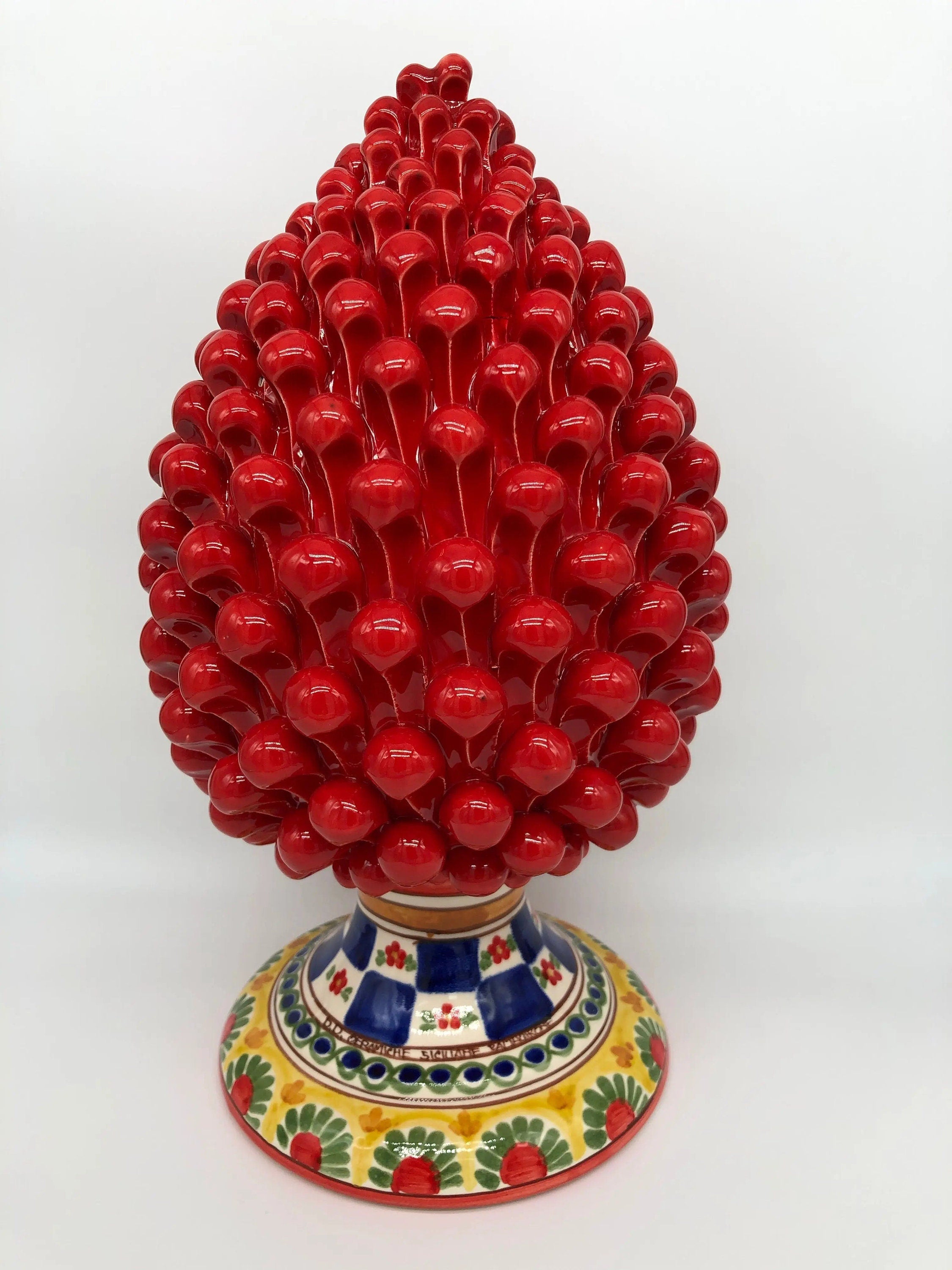 Pigna Ceramica Caltagirone cm H.35 Artigianale Rosso Base Decorata 2021 DD CERAMICHE SICILIANE