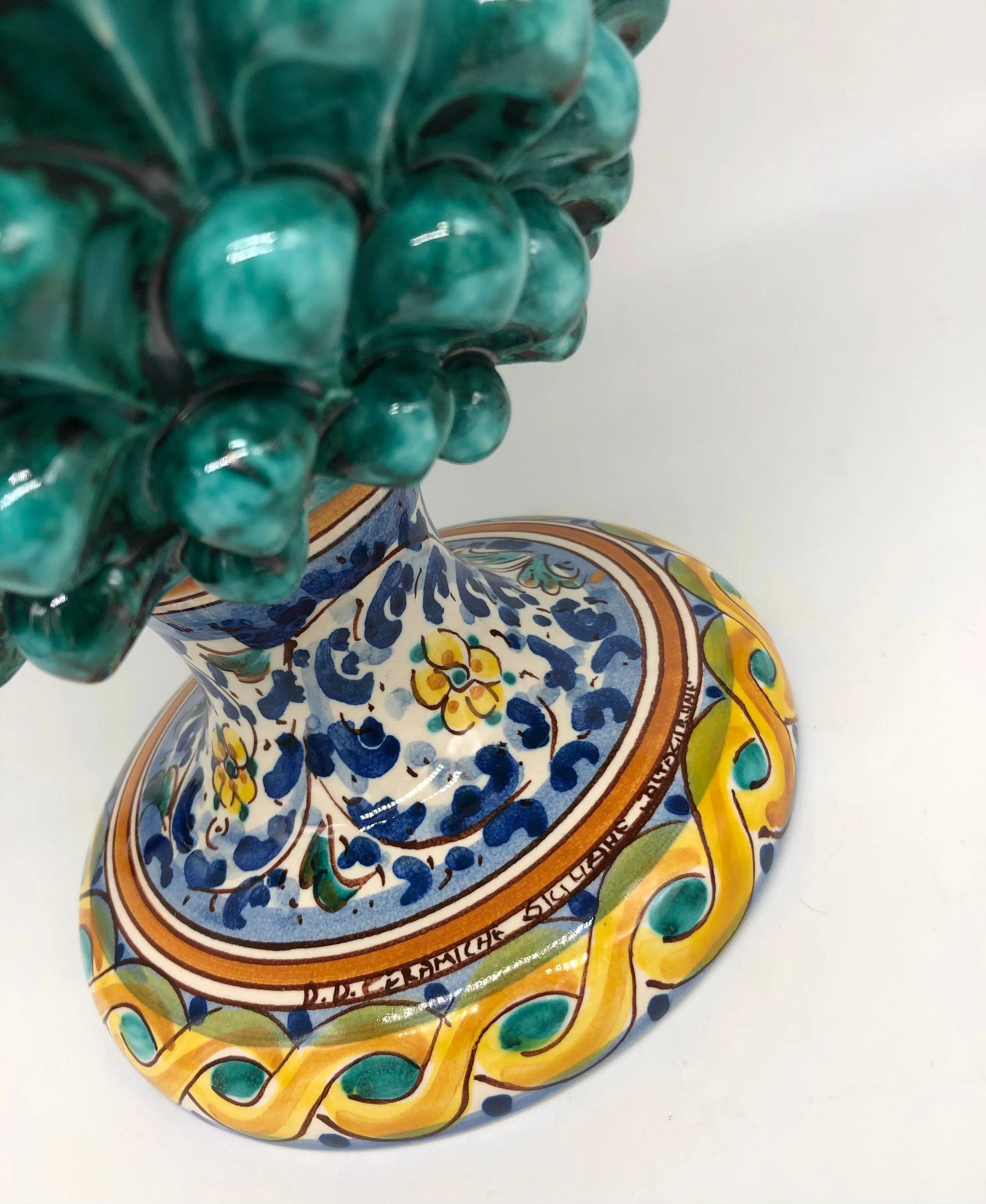 Pigna Ceramica Caltagirone cm H.35 Artigianale Verde Acqua Base Decorata Fiori DD CERAMICHE SICILIANE