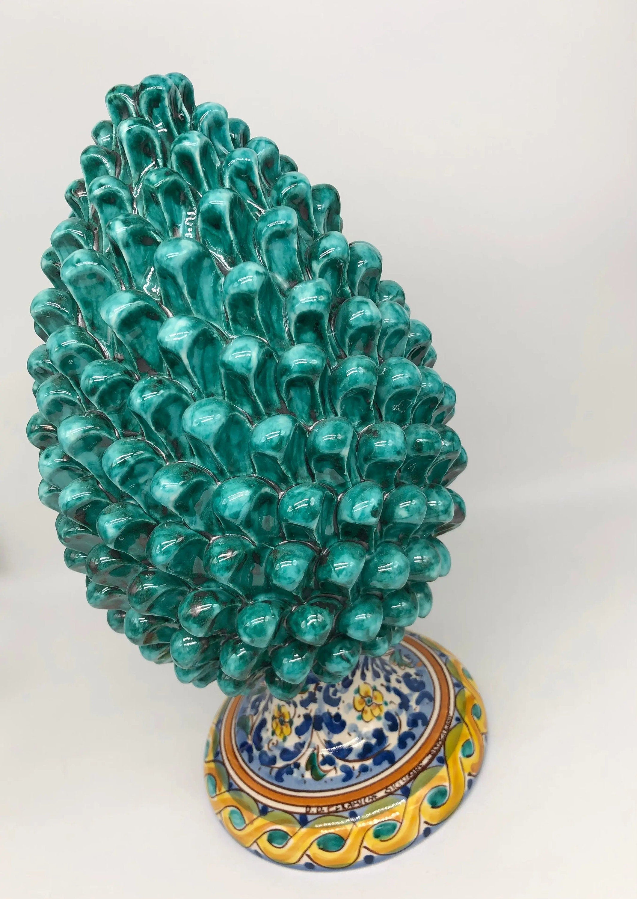 Pigna Ceramica Caltagirone cm H.35 Artigianale Verde Acqua Base Decorata Fiori DD CERAMICHE SICILIANE