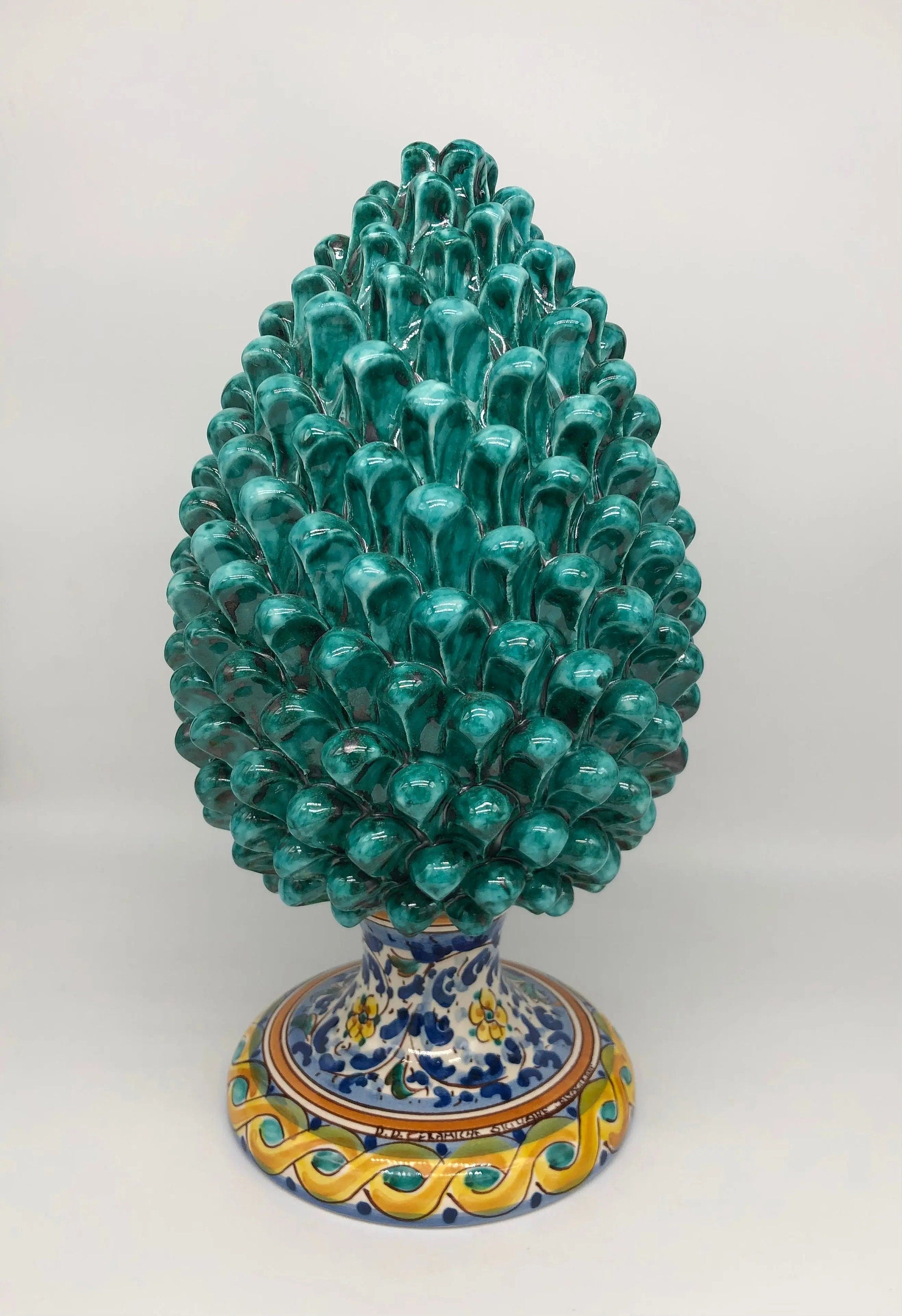 Pigna Ceramica Caltagirone cm H.35 Artigianale Verde Acqua Base Decorata Fiori DD CERAMICHE SICILIANE