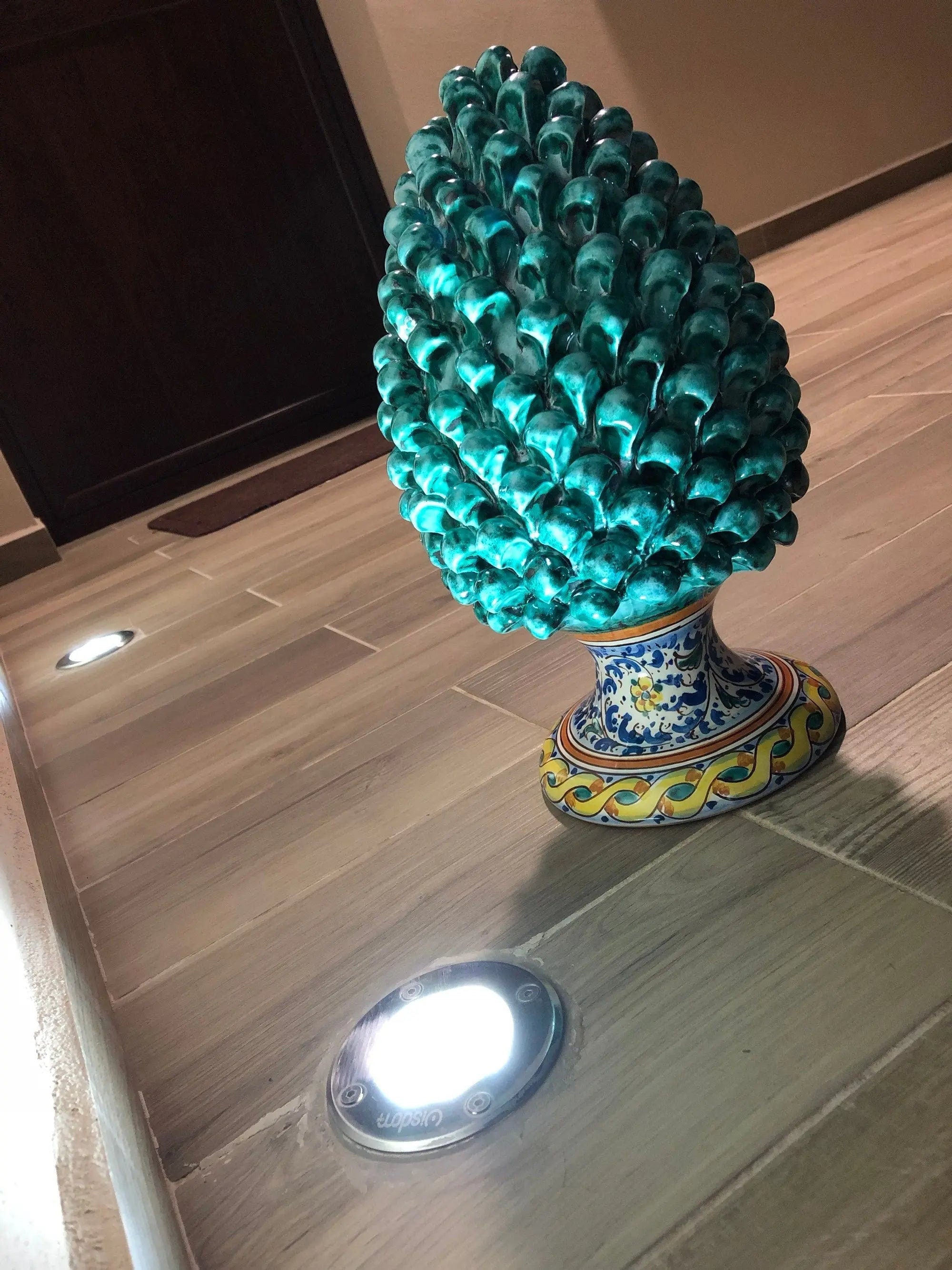 Pigna Ceramica Caltagirone cm H.35 Artigianale Verde Acqua Base Decorata Fiori DD CERAMICHE SICILIANE