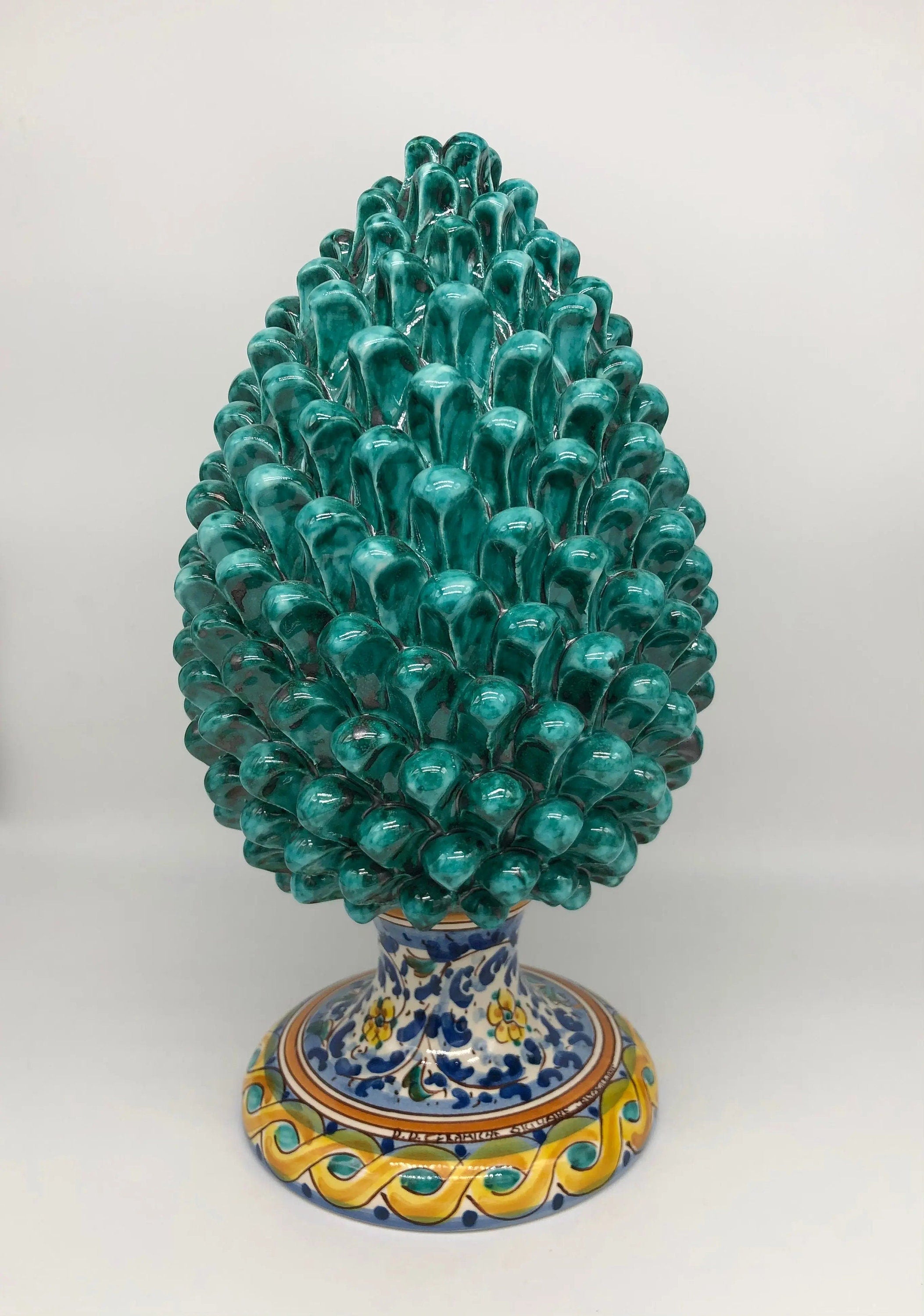 Pigna Ceramica Caltagirone cm H.35 Artigianale Verde Acqua Base Decorata Fiori DD CERAMICHE SICILIANE