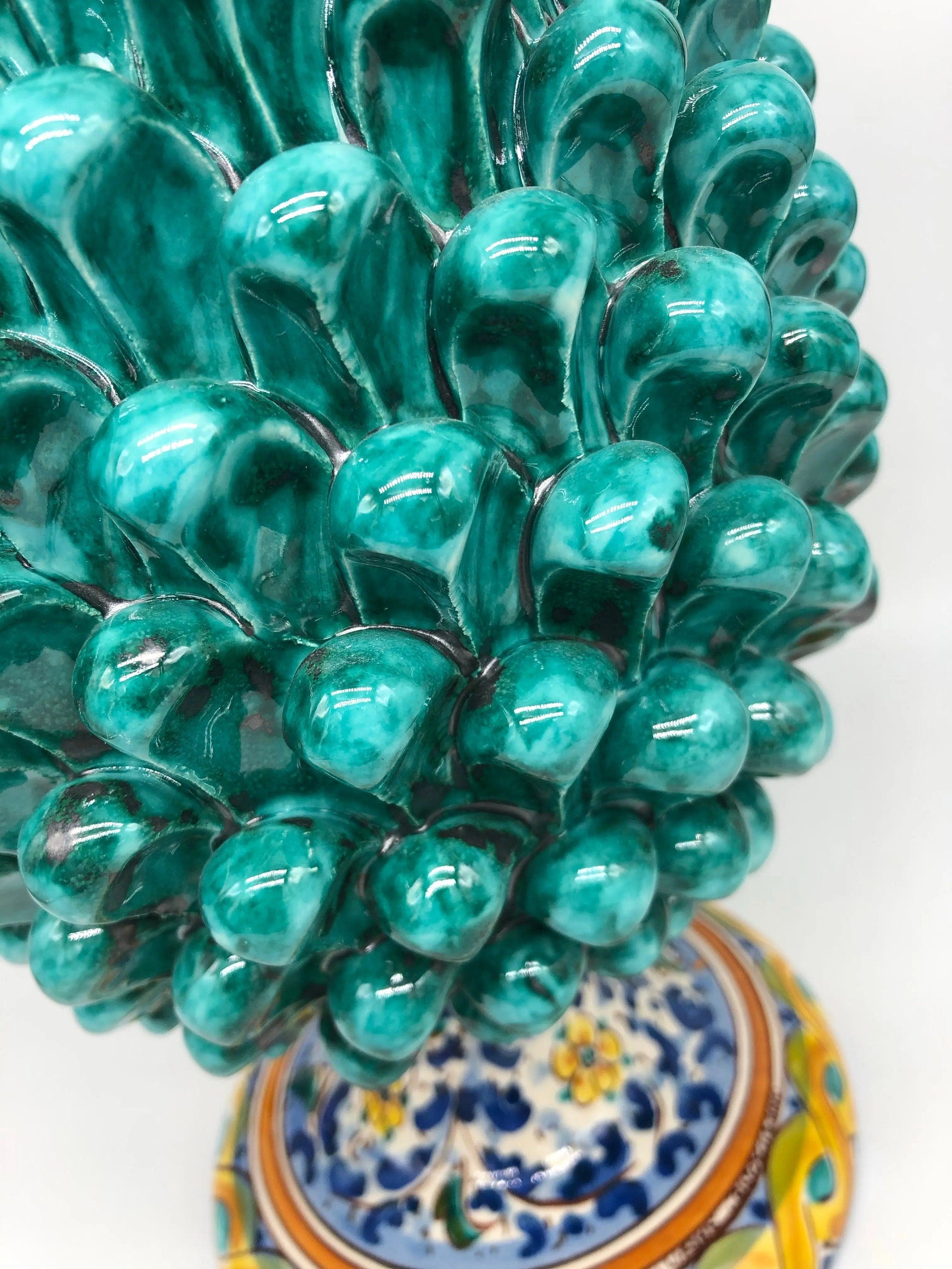 Pigna Ceramica Caltagirone cm H.35 Artigianale Verde Acqua Base Decorata Fiori DD CERAMICHE SICILIANE
