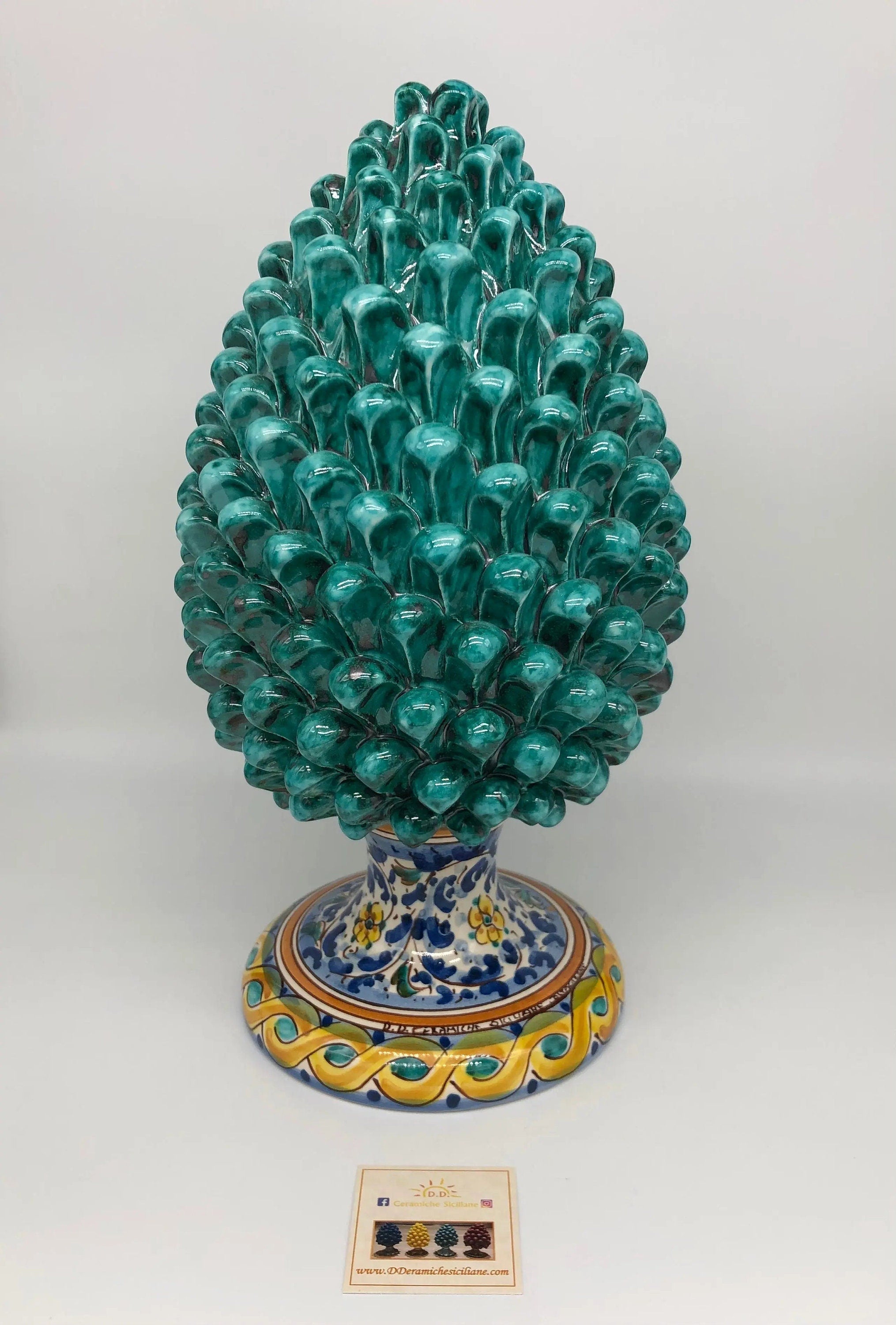 Pigna Ceramica Caltagirone cm H.35 Artigianale Verde Acqua Base Decorata Fiori DD CERAMICHE SICILIANE