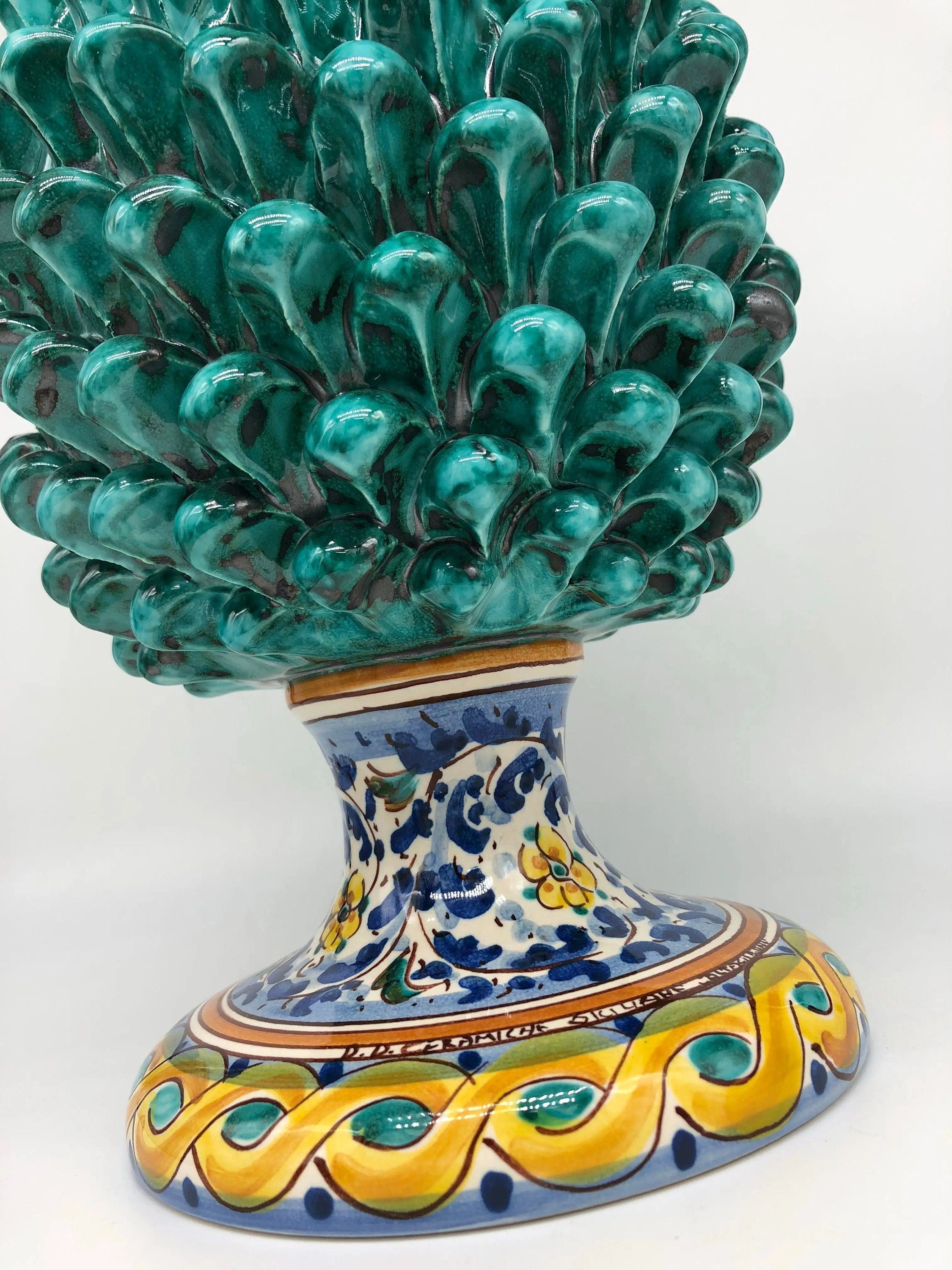 Pigna Ceramica Caltagirone cm H.35 Artigianale Verde Acqua Base Decorata Fiori DD CERAMICHE SICILIANE
