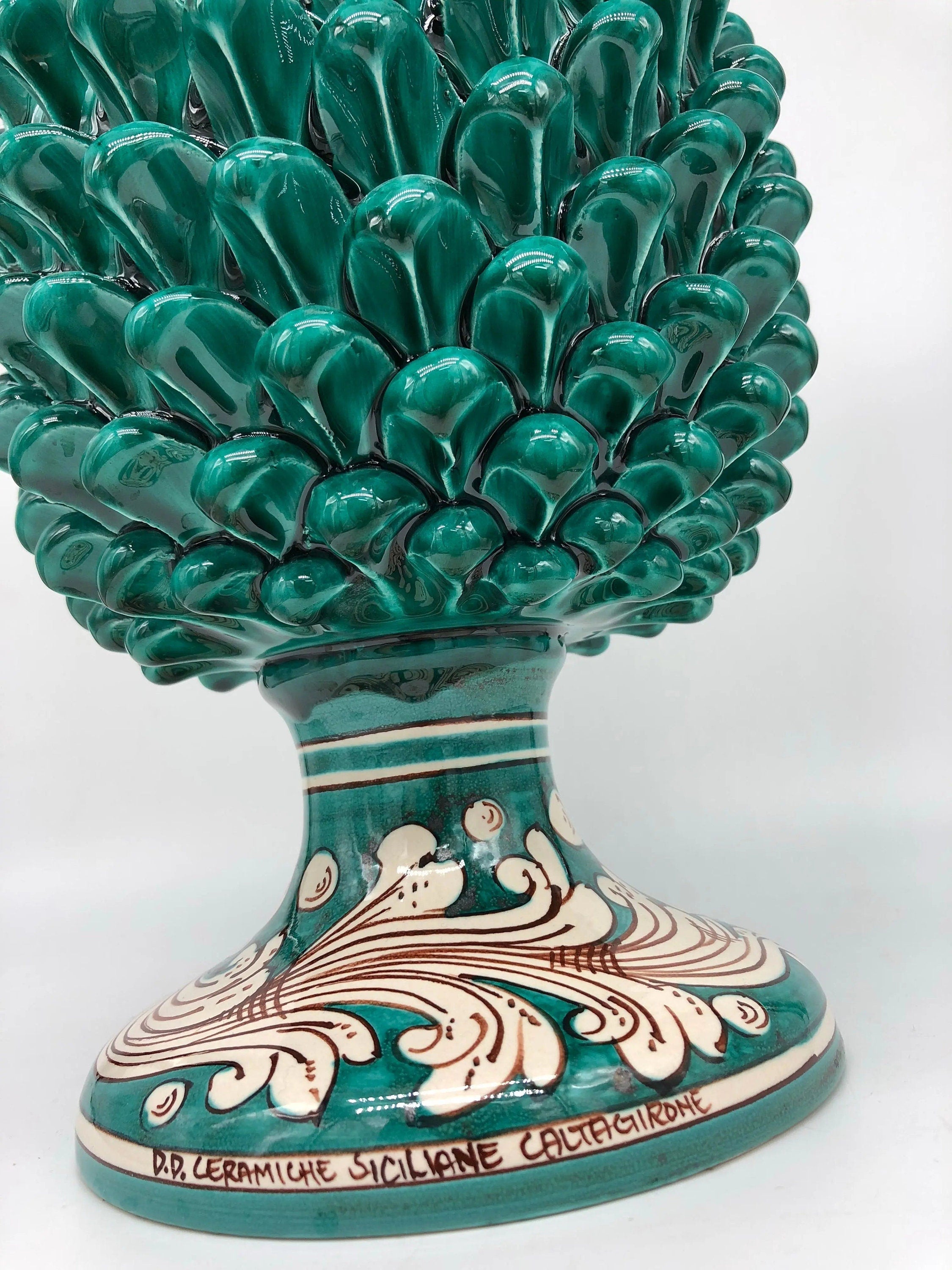 Pigna Ceramica Caltagirone cm H.35 Artigianale Verde Cristallo Base Decorata DD CERAMICHE SICILIANE