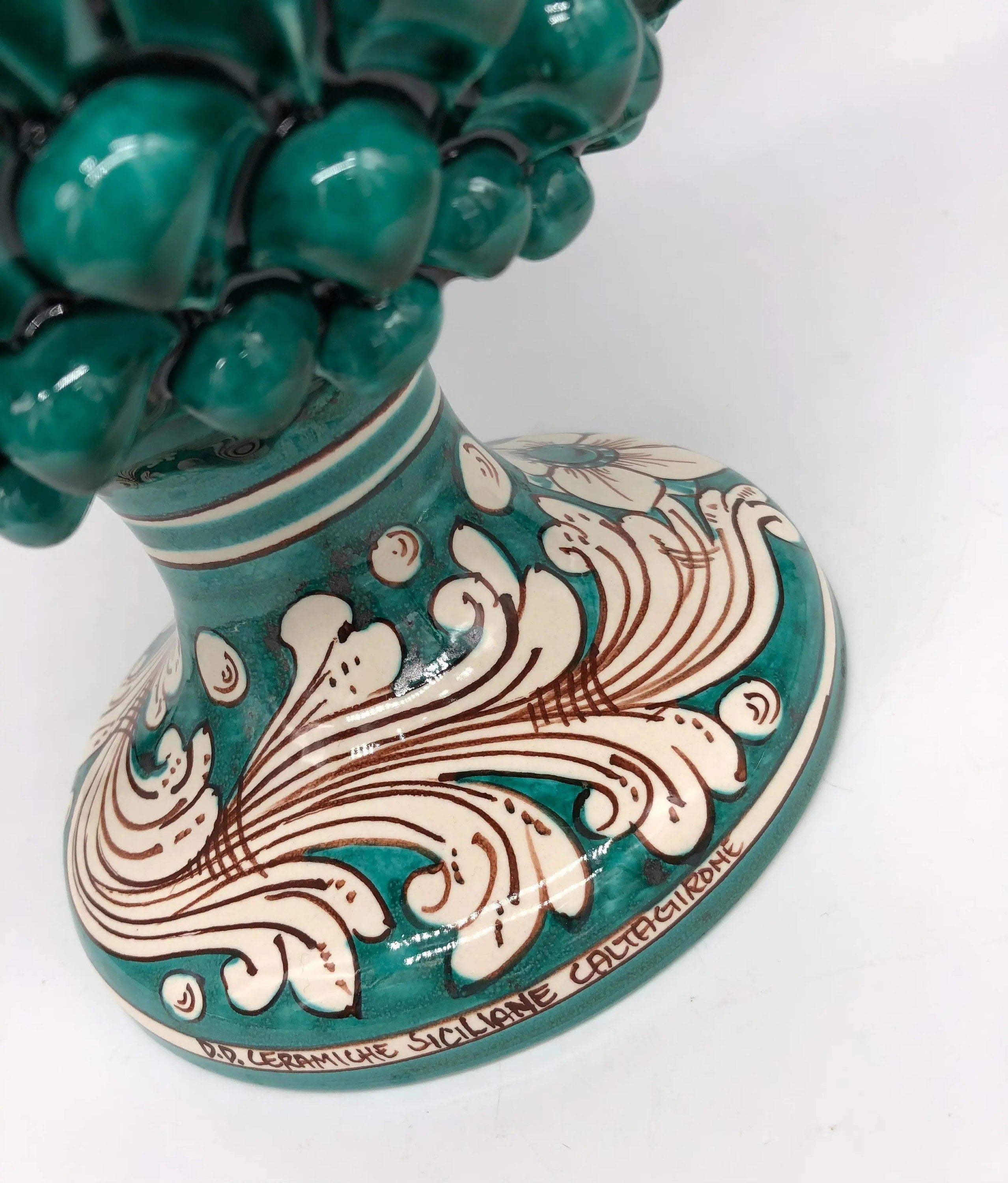 Pigna Ceramica Caltagirone cm H.35 Artigianale Verde Cristallo Base Decorata DD CERAMICHE SICILIANE