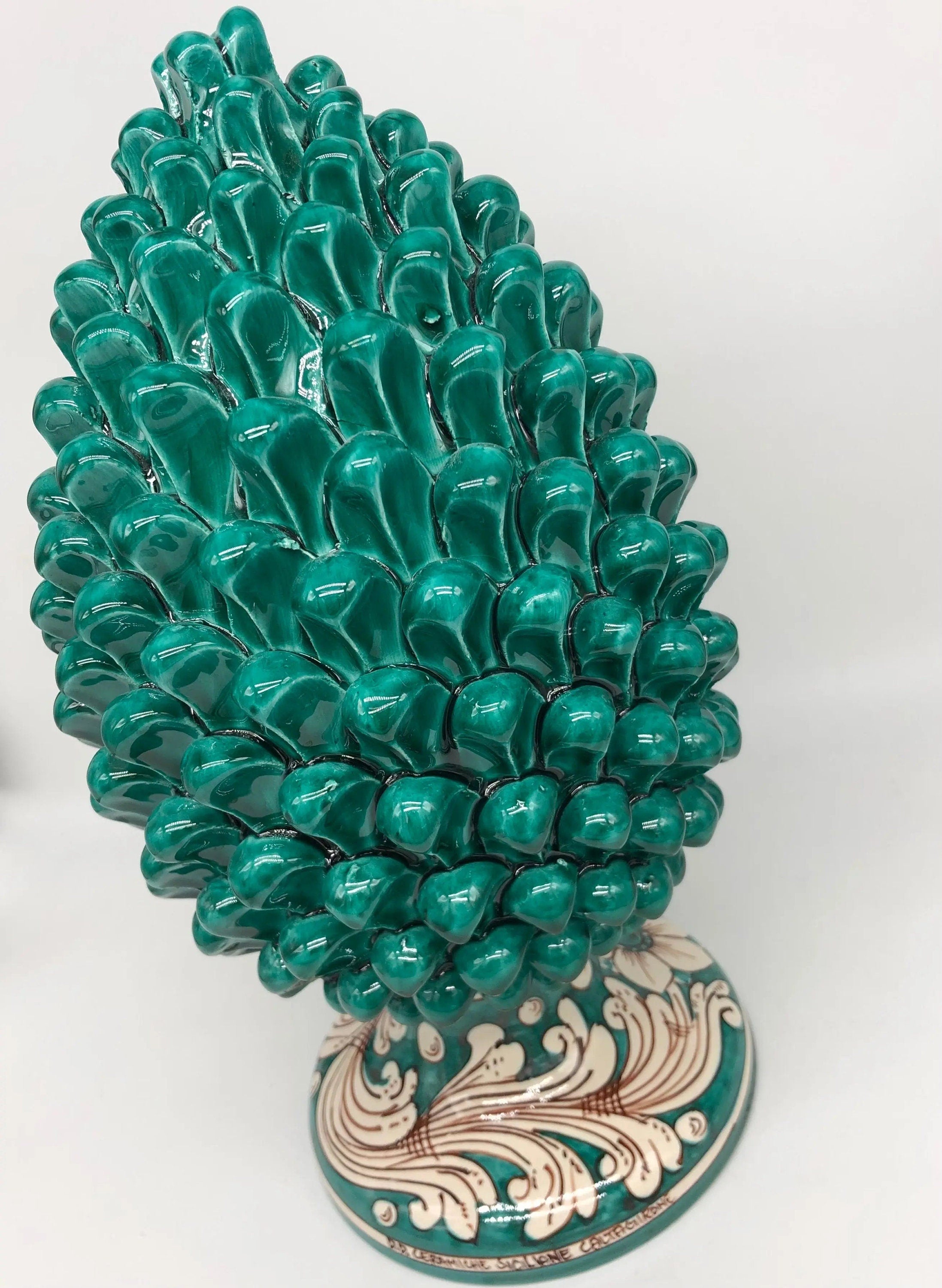 Pigna Ceramica Caltagirone cm H.35 Artigianale Verde Cristallo Base Decorata DD CERAMICHE SICILIANE