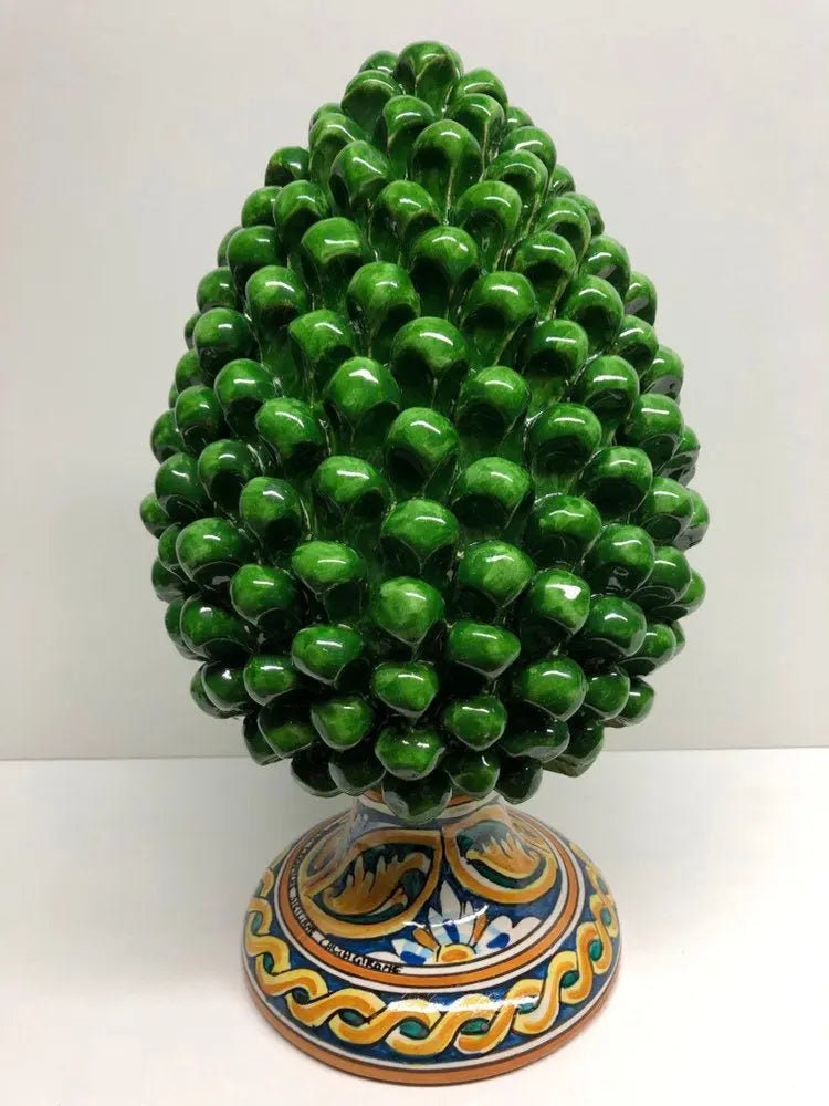 Pigna Ceramica Caltagirone cm H.35 Artigianale Verde Prato Base Decorata DD CERAMICHE SICILIANE