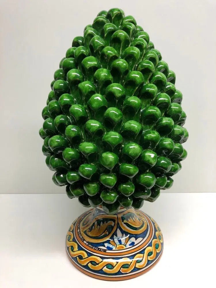 Pigna Ceramica Caltagirone cm H.35 Artigianale Verde Prato Base Decorata DD CERAMICHE SICILIANE