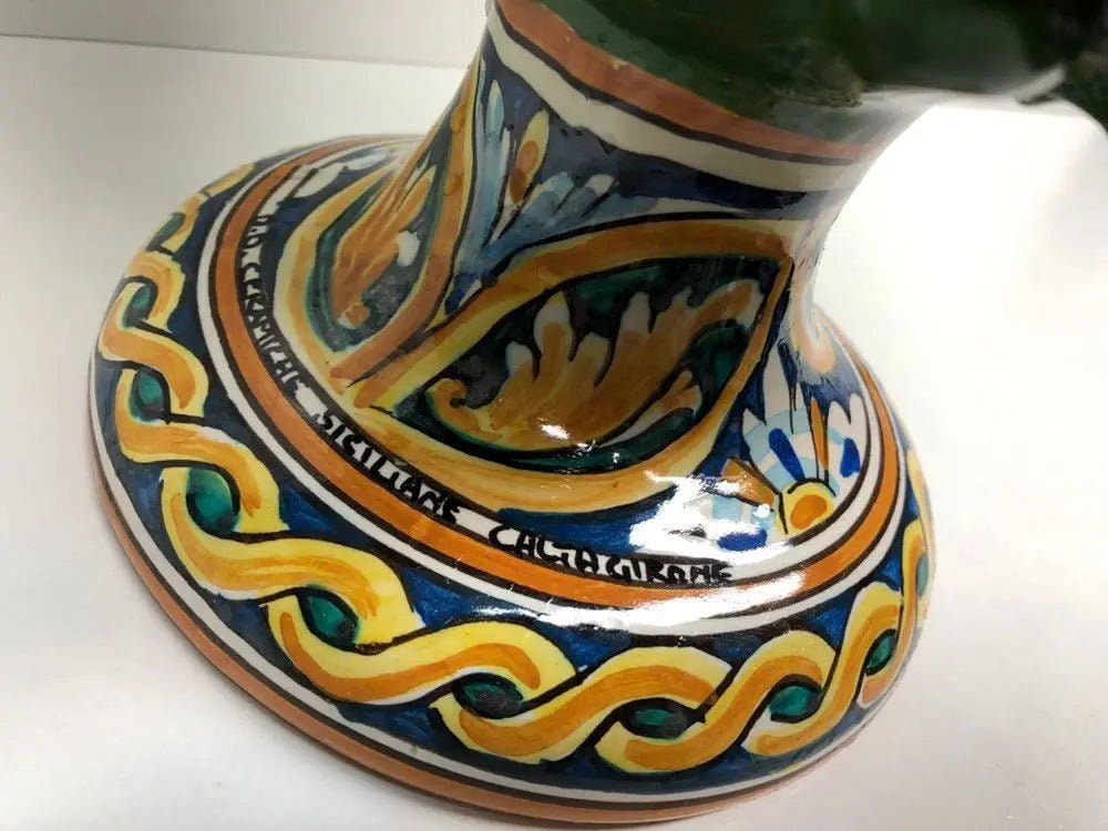 Pigna Ceramica Caltagirone cm H.35 Artigianale Verde Prato Base Decorata DD CERAMICHE SICILIANE