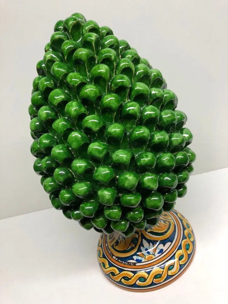 Pigna Ceramica Caltagirone cm H.35 Artigianale Verde Prato Base Decorata DD CERAMICHE SICILIANE