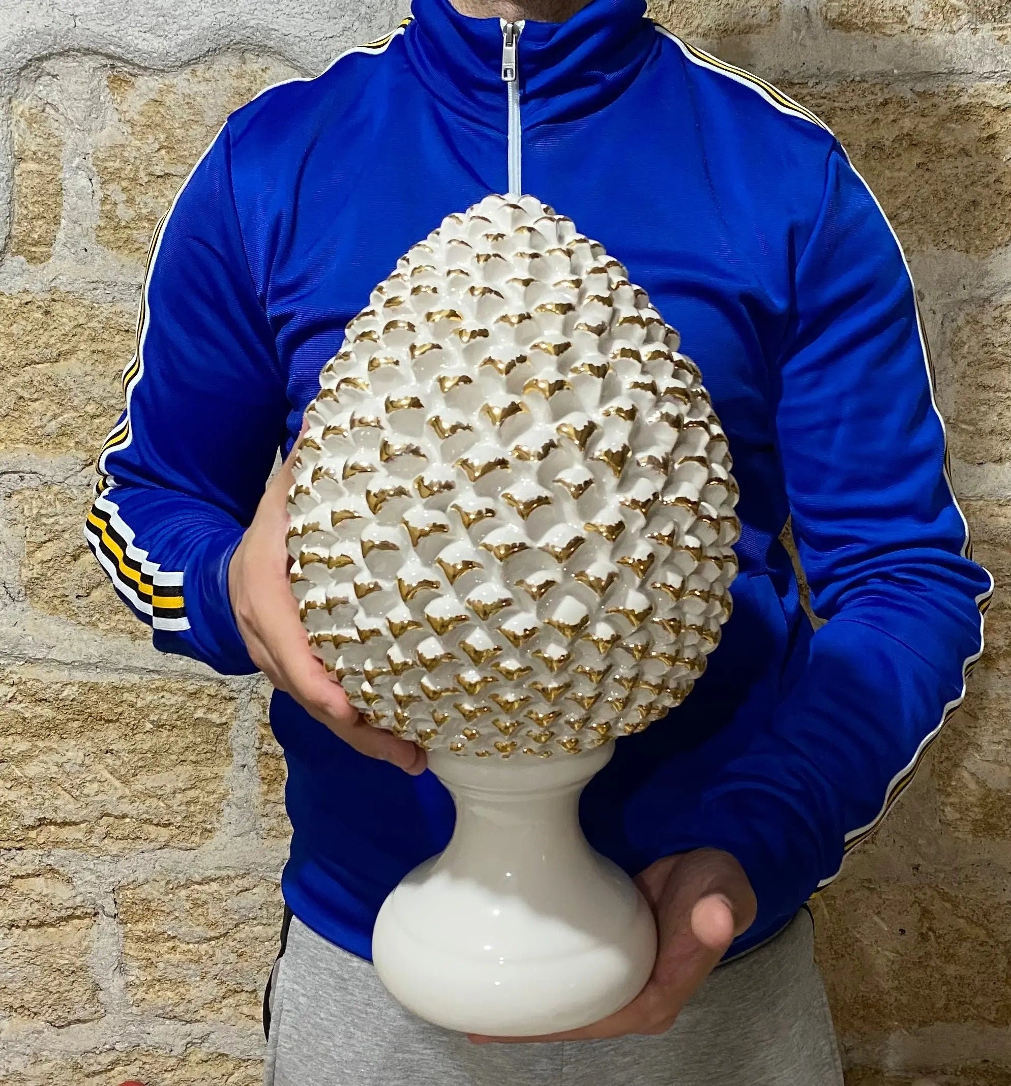 Pigna Ceramica Caltagirone cm H.40 Artigianale Bianco Oro Linea Luis DD CERAMICHE SICILIANE