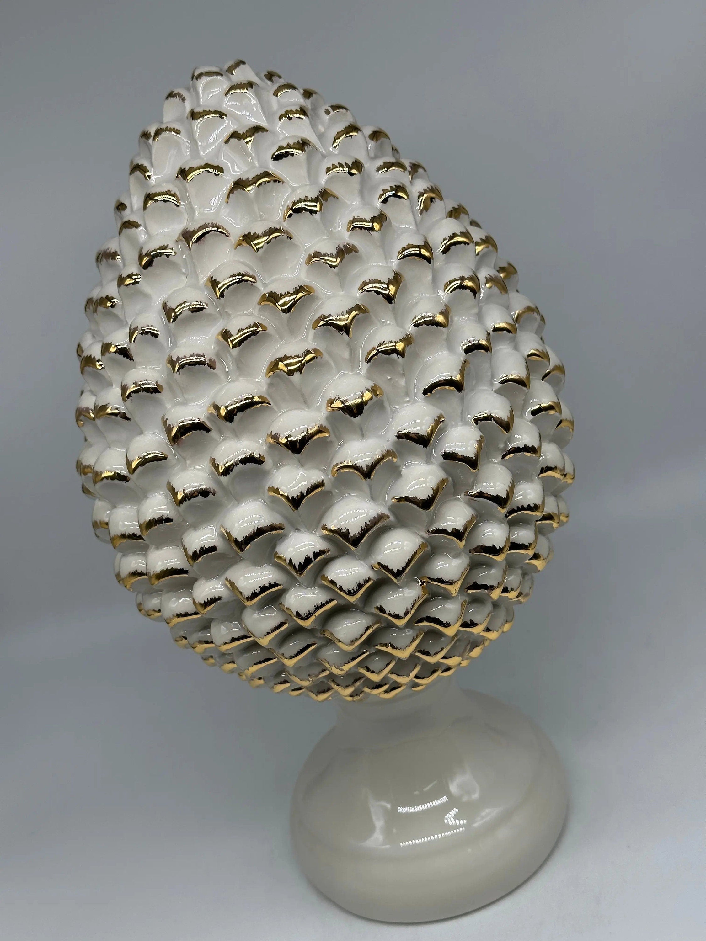 Pigna Ceramica Caltagirone cm H.40 Artigianale Bianco Oro Linea Luis DD CERAMICHE SICILIANE