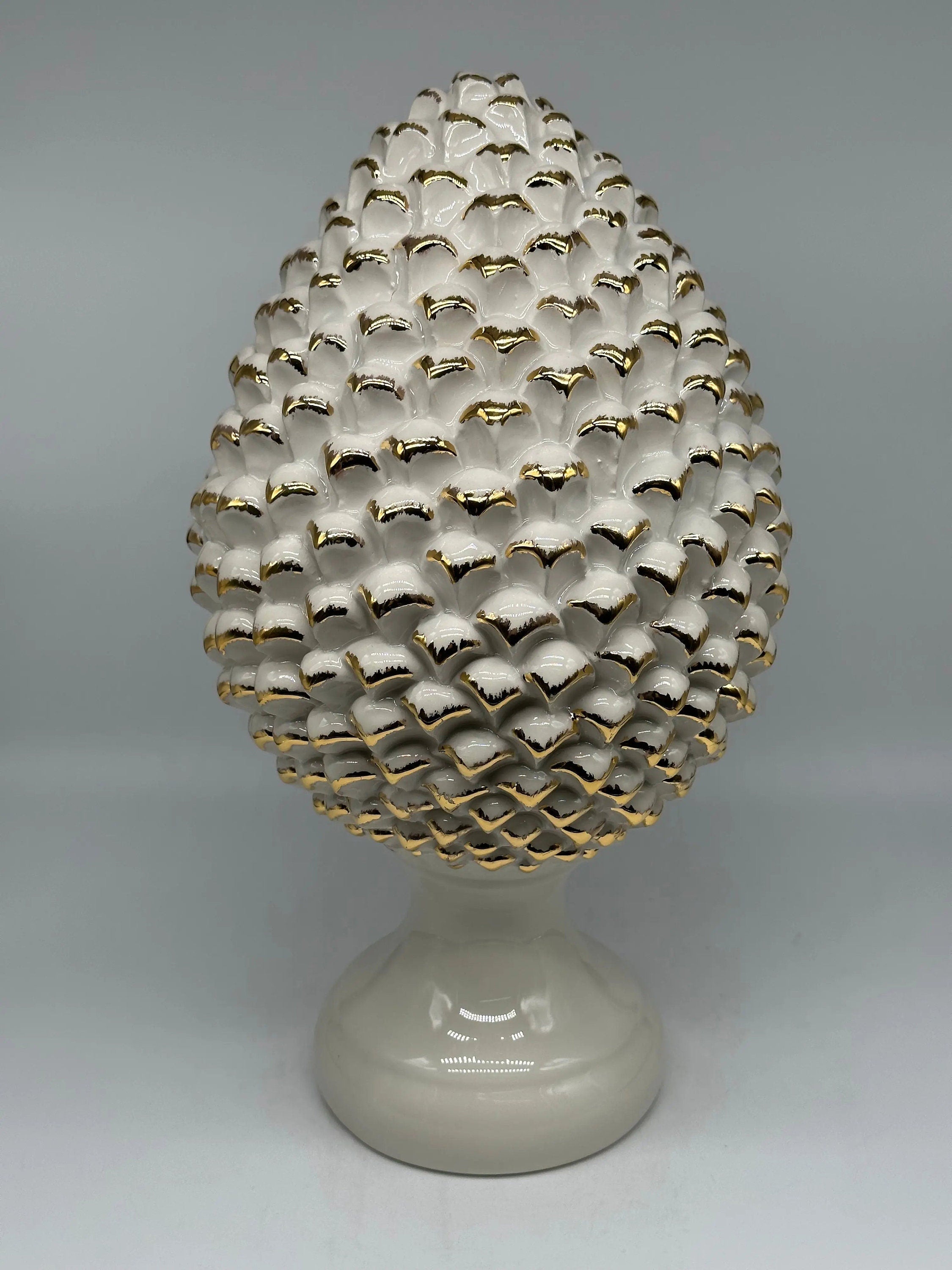 Pigna Ceramica Caltagirone cm H.40 Artigianale Bianco Oro Linea Luis DD CERAMICHE SICILIANE