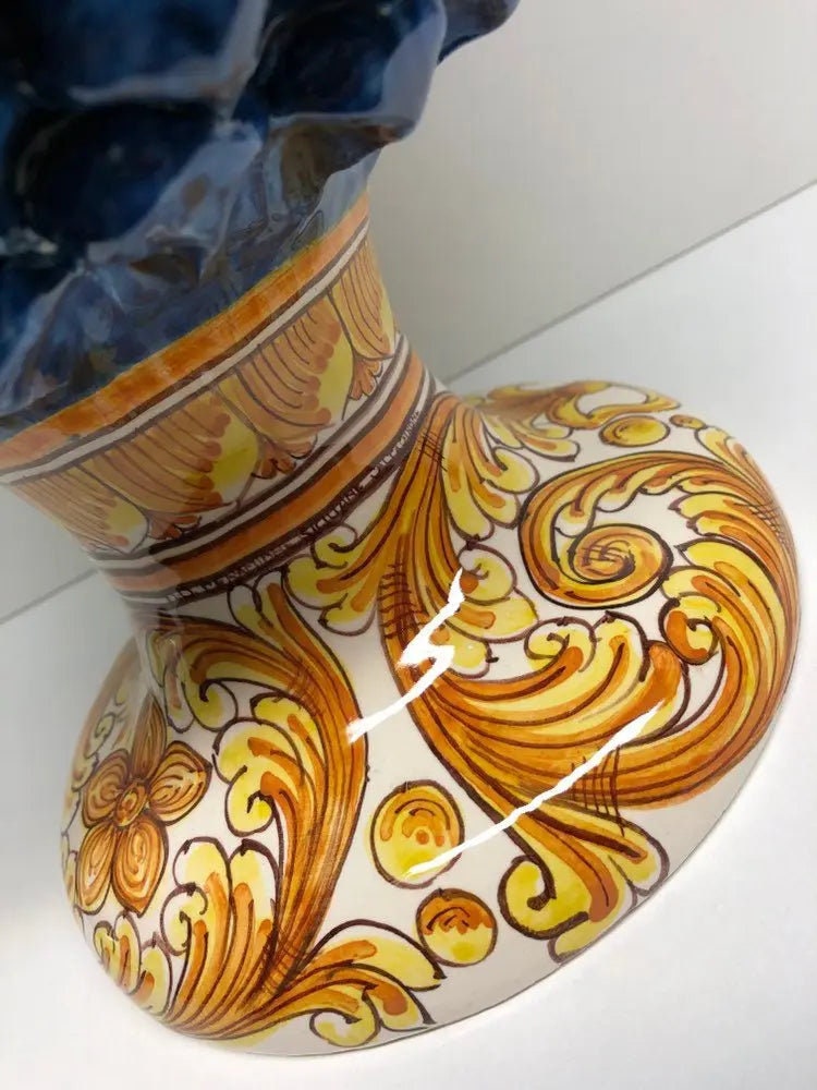 Pigna Ceramica Caltagirone cm H.40 Artigianale Blu Antico Base Decorata su fondo Bianco DD CERAMICHE SICILIANE