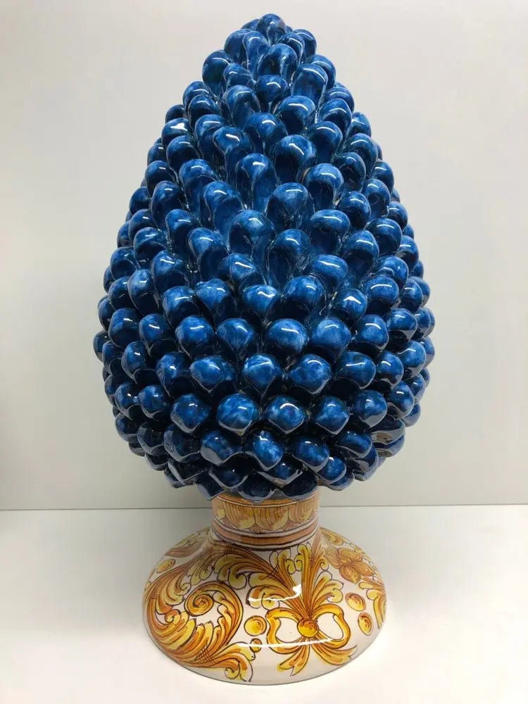 Pigna Ceramica Caltagirone cm H.40 Artigianale Blu Antico Base Decorata su fondo Bianco DD CERAMICHE SICILIANE
