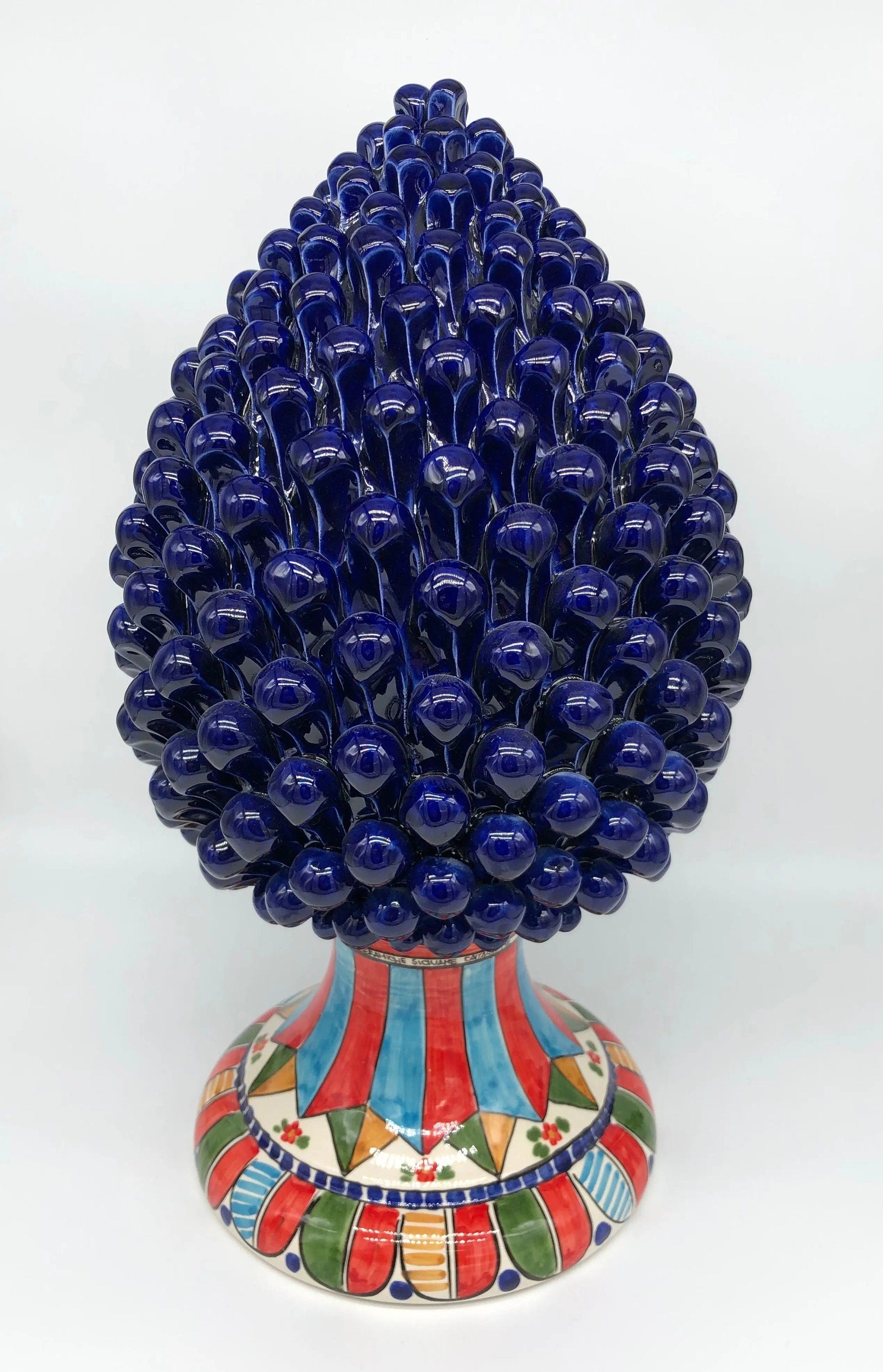 Pigna Ceramica Caltagirone cm H.40 Artigianale Blu Base Decorata 2021 DD CERAMICHE SICILIANE