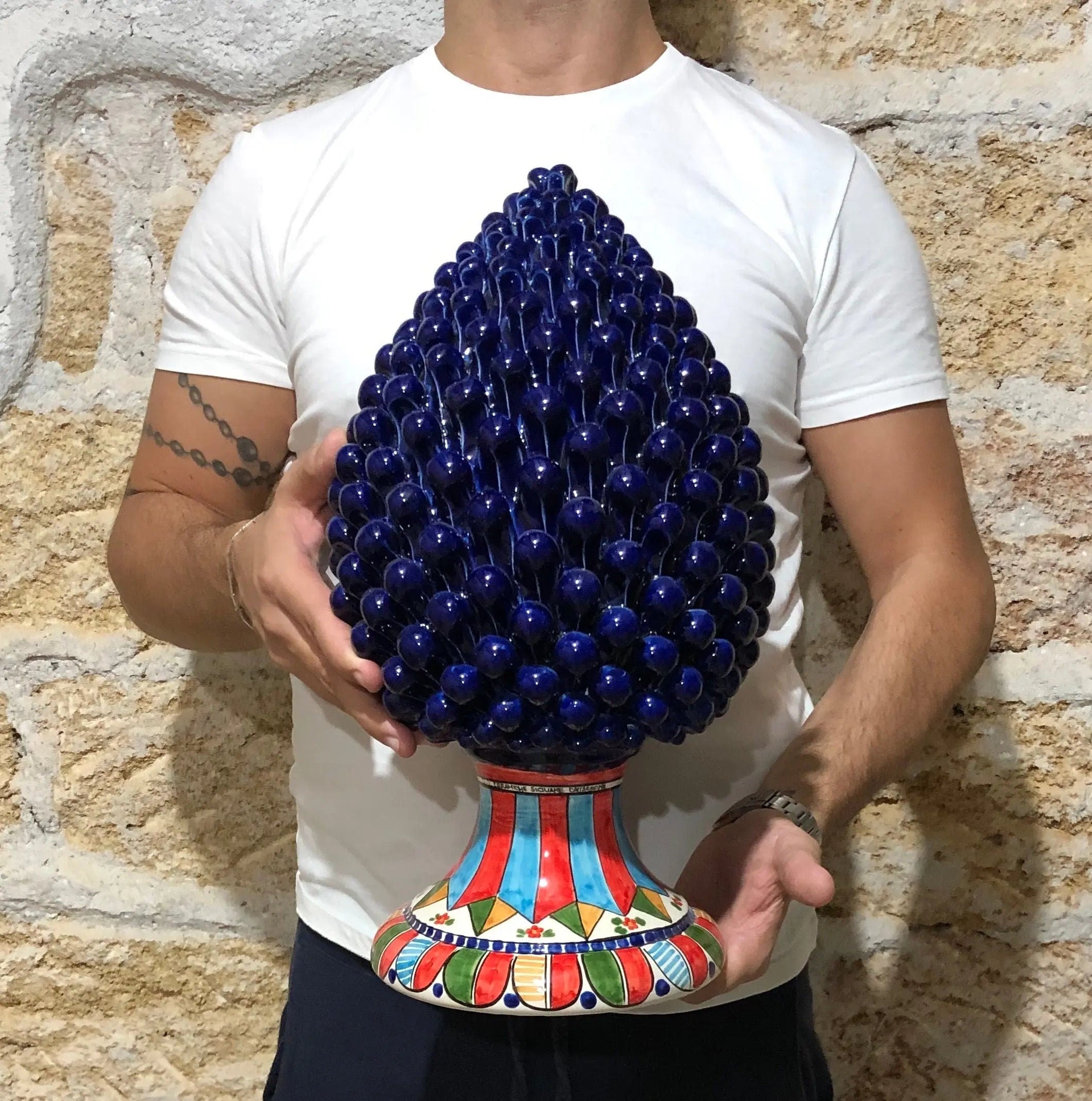 Pigna Ceramica Caltagirone cm H.40 Artigianale Blu Base Decorata 2021 DD CERAMICHE SICILIANE