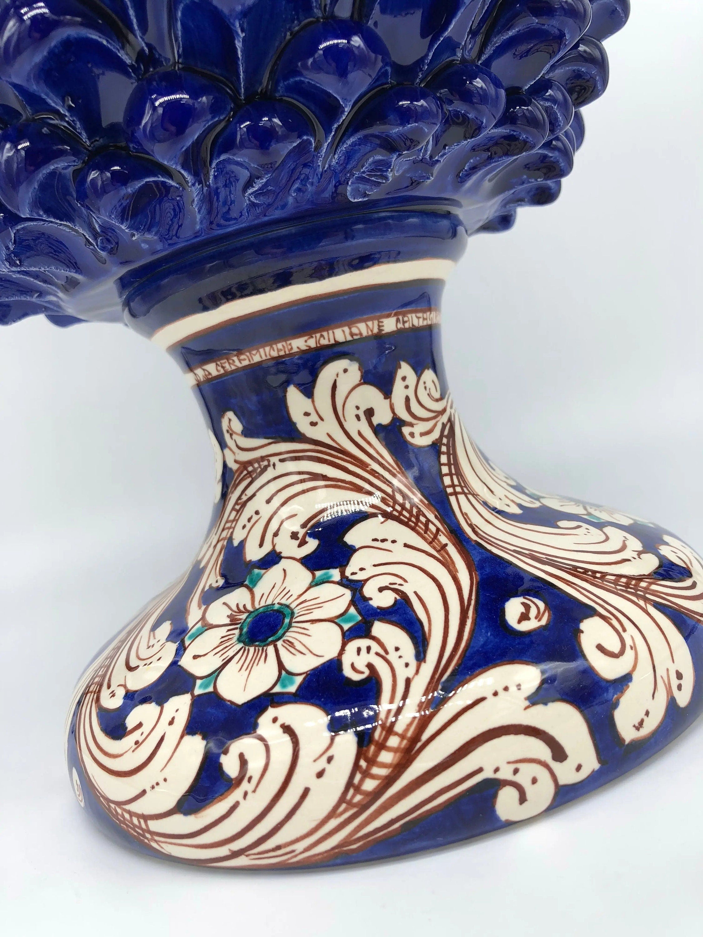 Pigna Ceramica Caltagirone cm H.40 Artigianale Blu Notte Base Decorata DD CERAMICHE SICILIANE