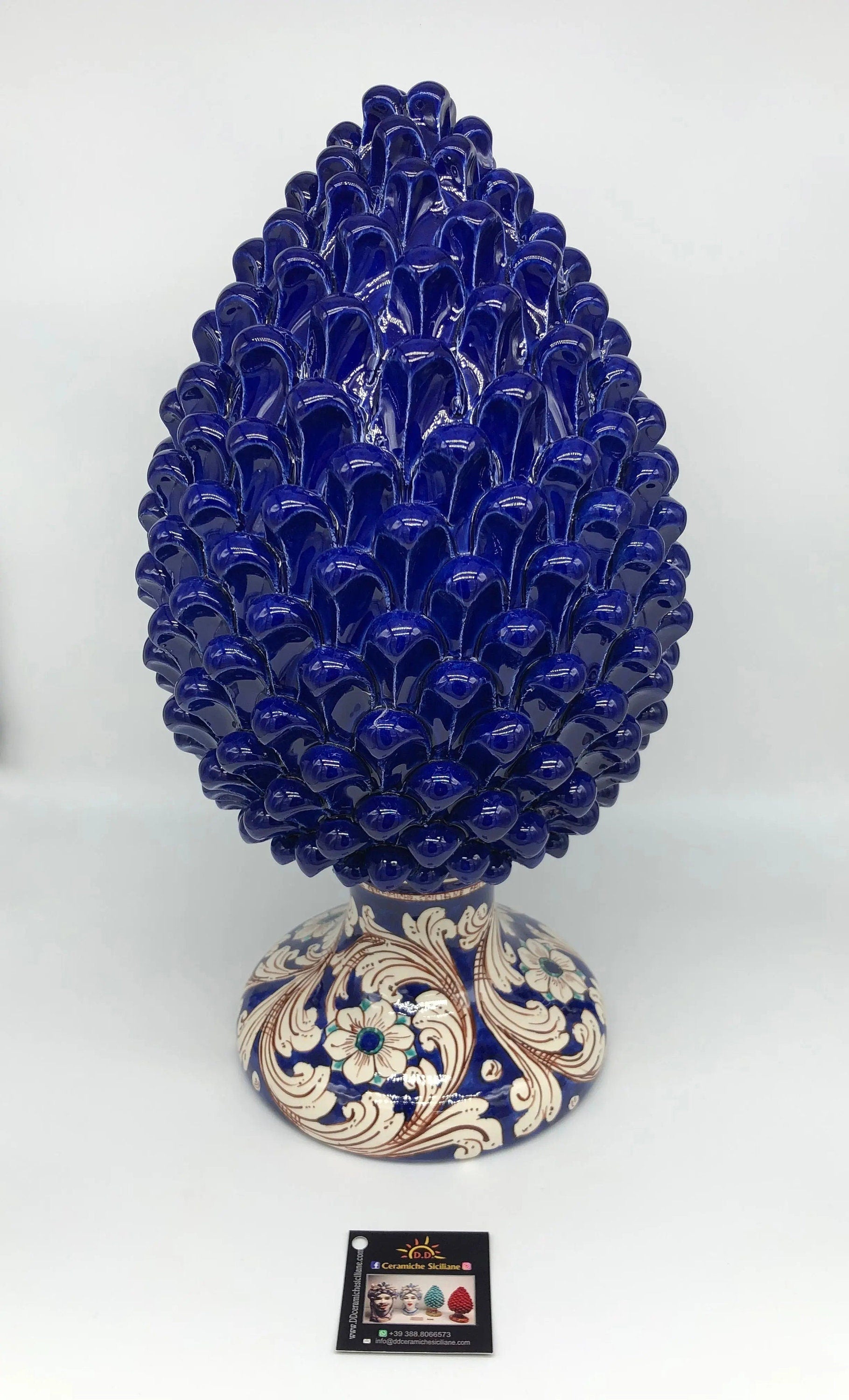 Pigna Ceramica Caltagirone cm H.40 Artigianale Blu Notte Base Decorata DD CERAMICHE SICILIANE