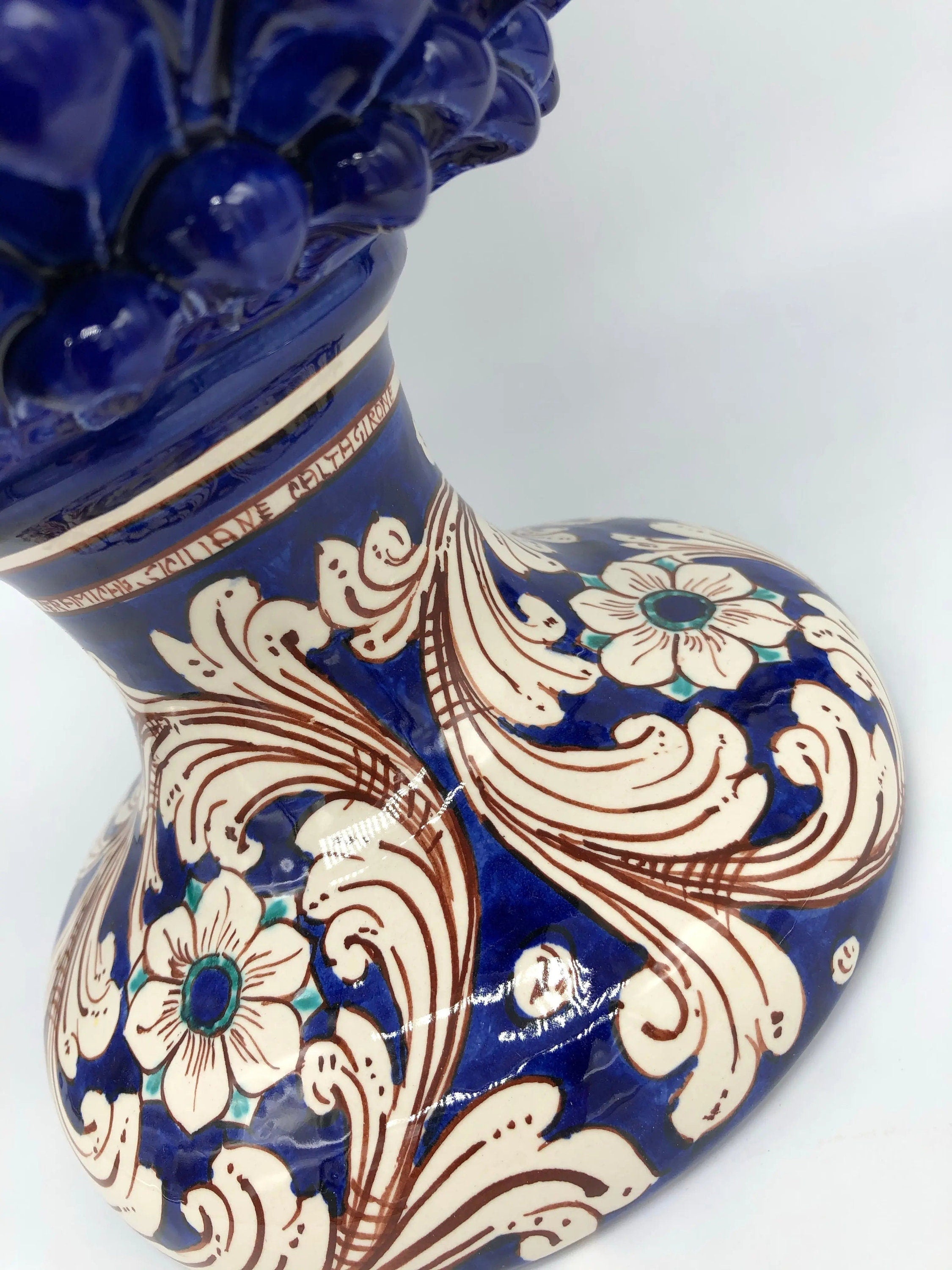 Pigna Ceramica Caltagirone cm H.40 Artigianale Blu Notte Base Decorata DD CERAMICHE SICILIANE