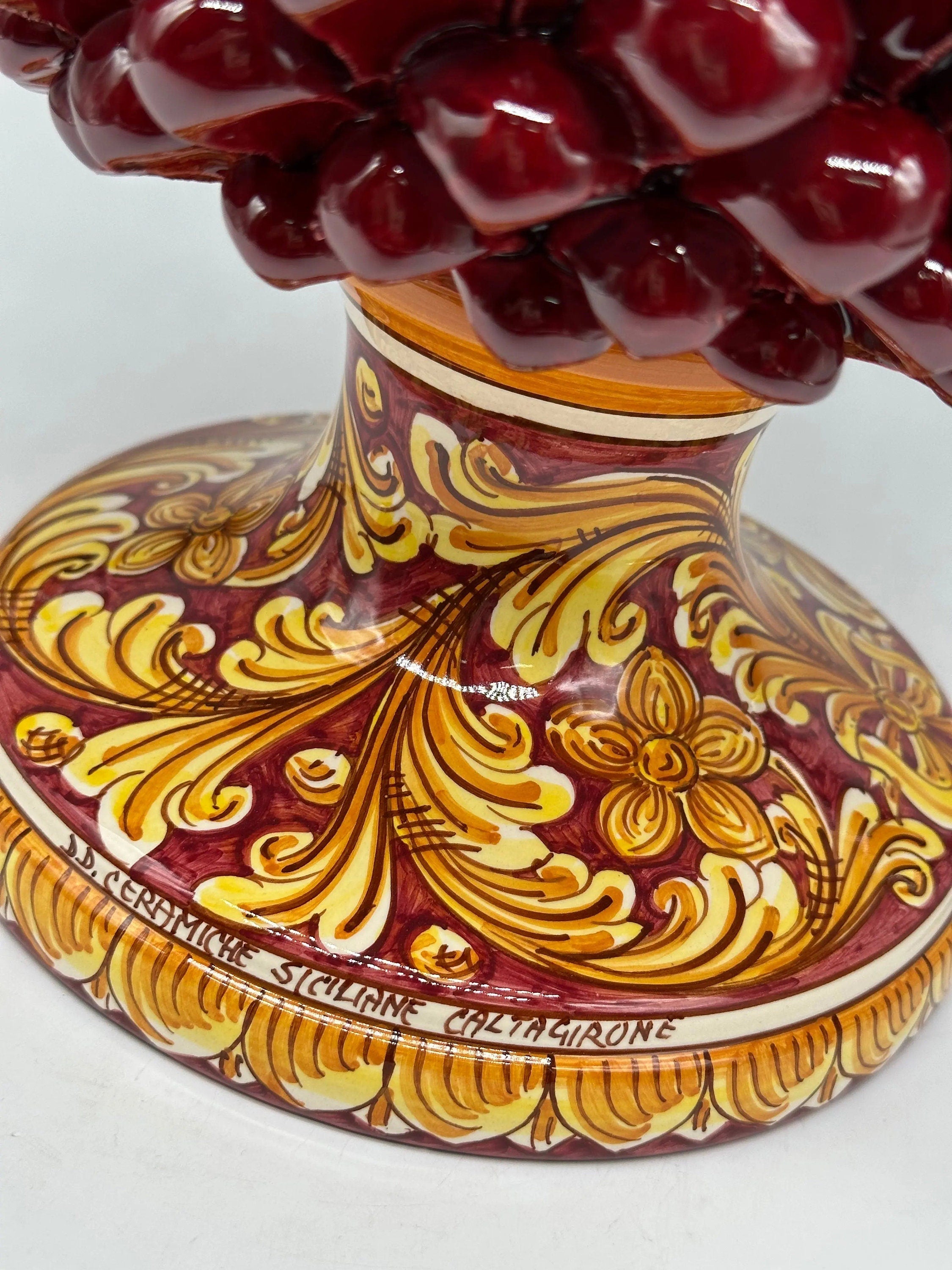 Pigna Ceramica Caltagirone cm H.40 Artigianale Bordeaux Base Decorata DD CERAMICHE SICILIANE