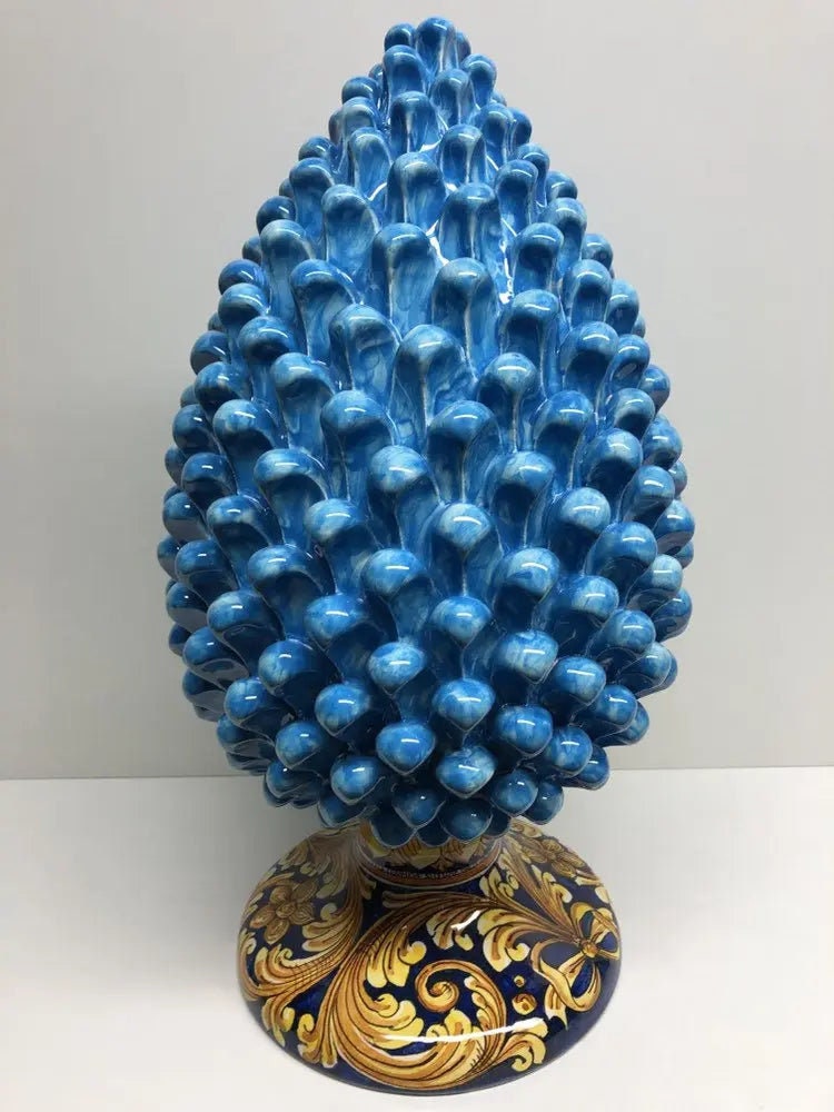 Pigna Ceramica Caltagirone cm H.40 Artigianale Celeste Base Decorata DD CERAMICHE SICILIANE