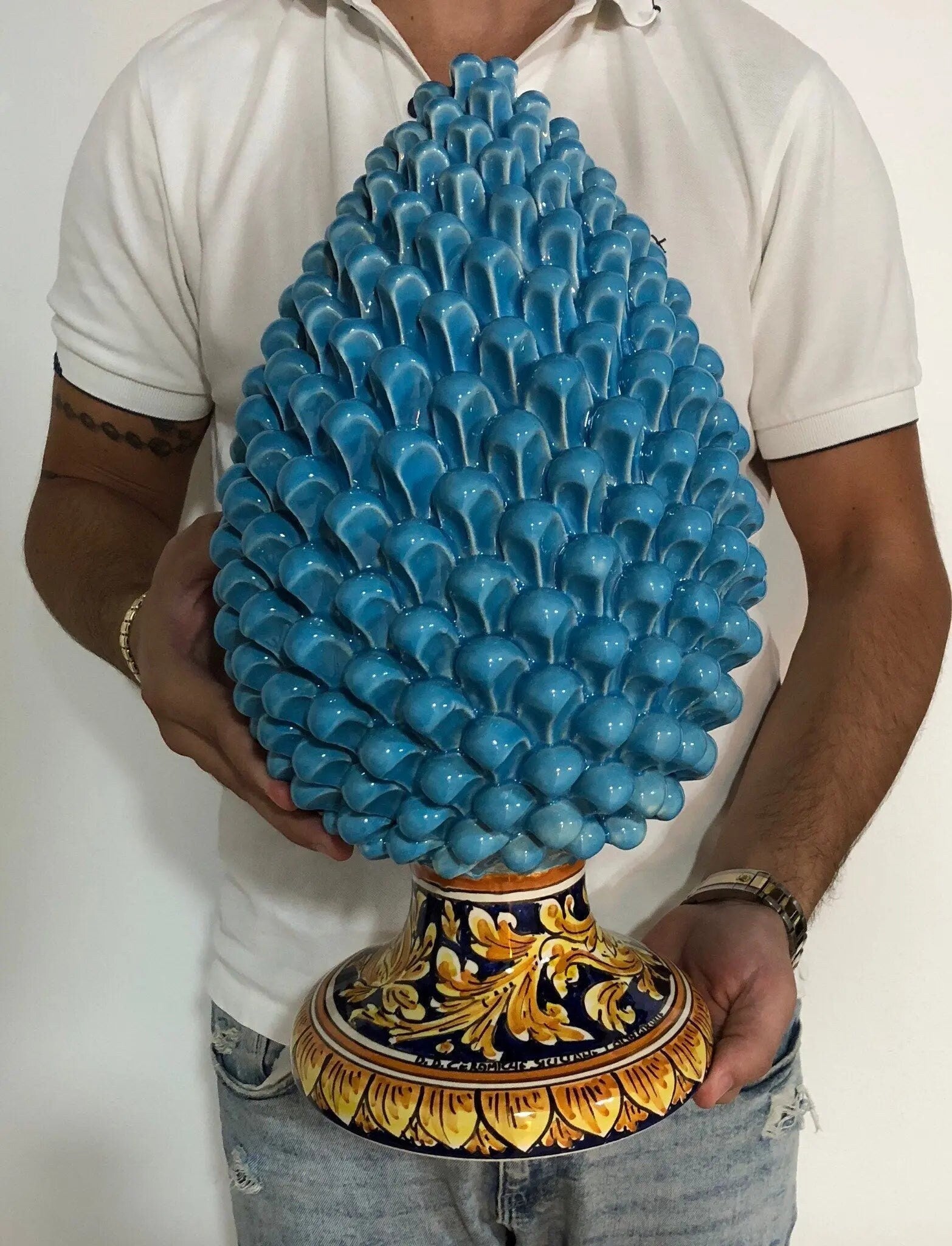 Pigna Ceramica Caltagirone cm H.40 Artigianale Celeste Base Decorata DD CERAMICHE SICILIANE