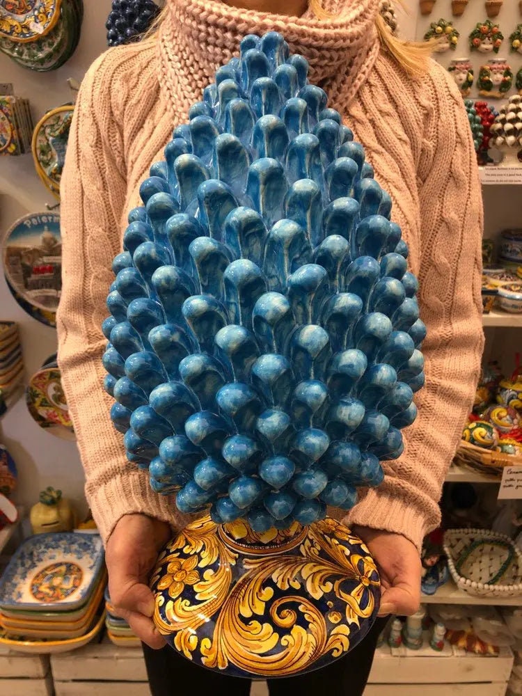 Pigna Ceramica Caltagirone cm H.40 Artigianale Celeste Base Decorata DD CERAMICHE SICILIANE