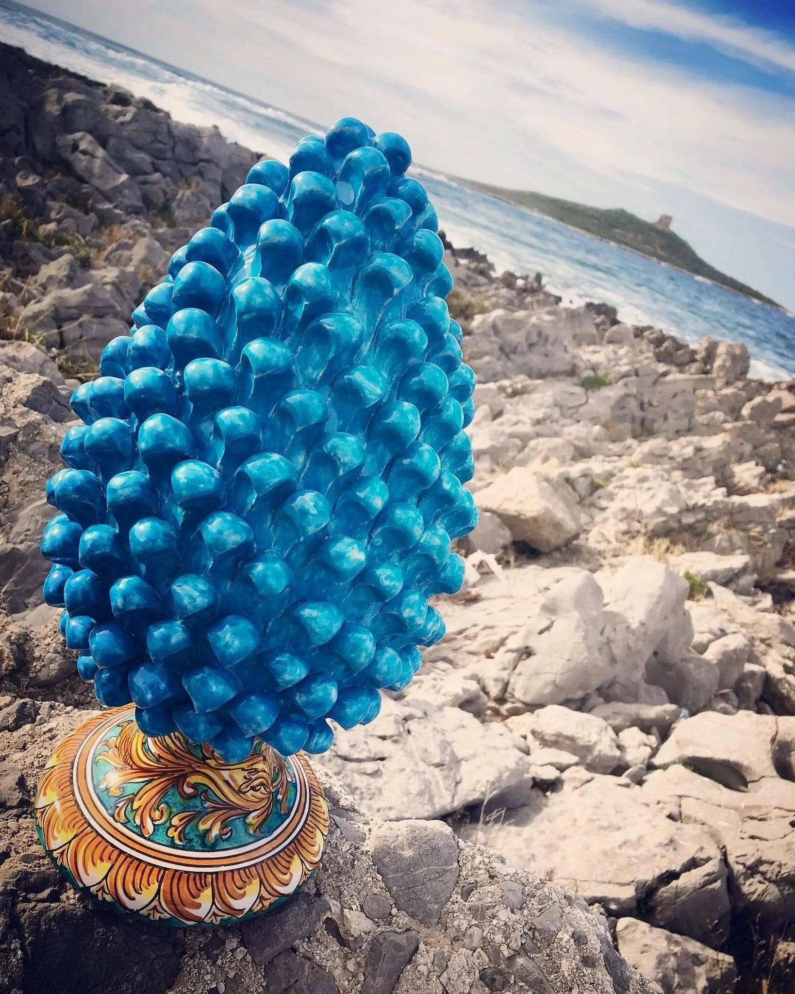 Pigna Ceramica Caltagirone cm H.40 Artigianale Celeste Base Decorata DD CERAMICHE SICILIANE