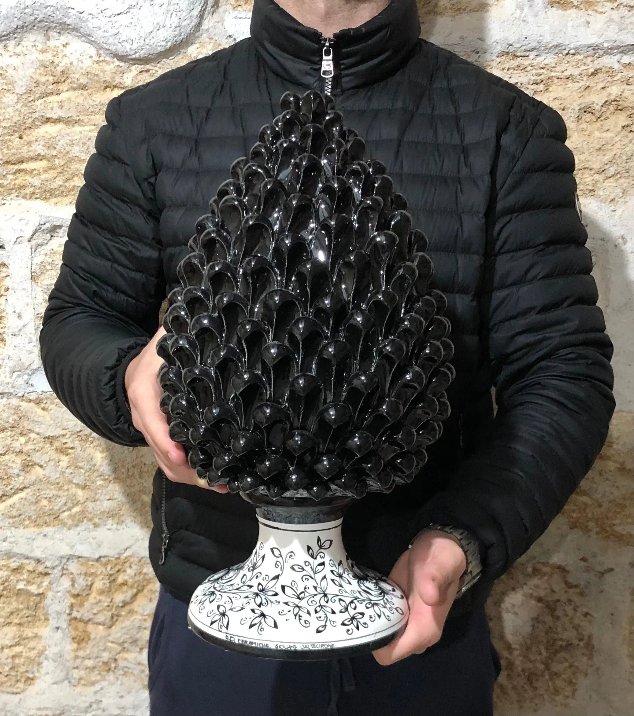 Pigna Ceramica Caltagirone cm H.40 Artigianale Nero Base Decorata DD CERAMICHE SICILIANE