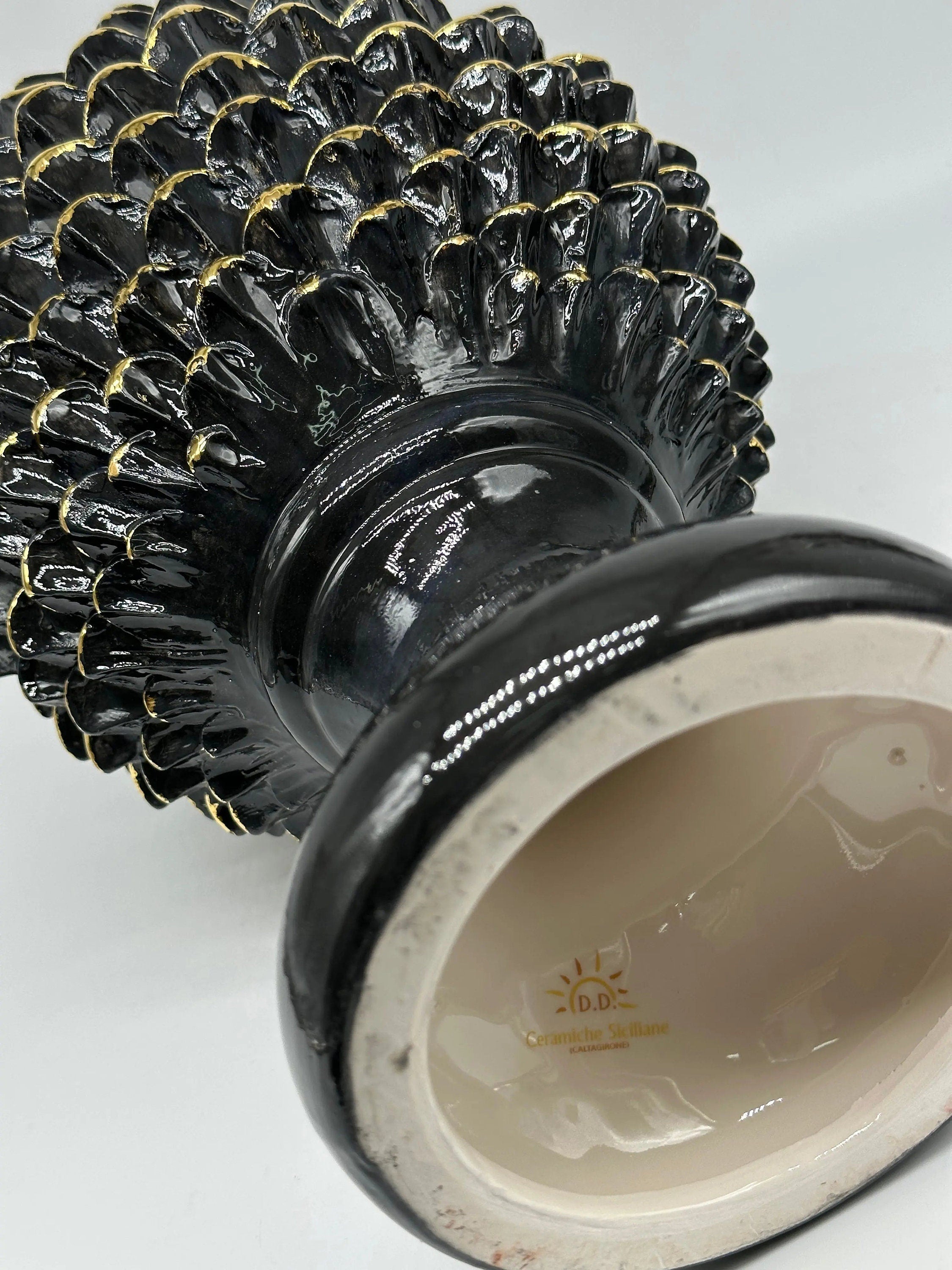 Pigna Ceramica Caltagirone cm H.40 Artigianale Nero Oro Linea Luis DD CERAMICHE SICILIANE