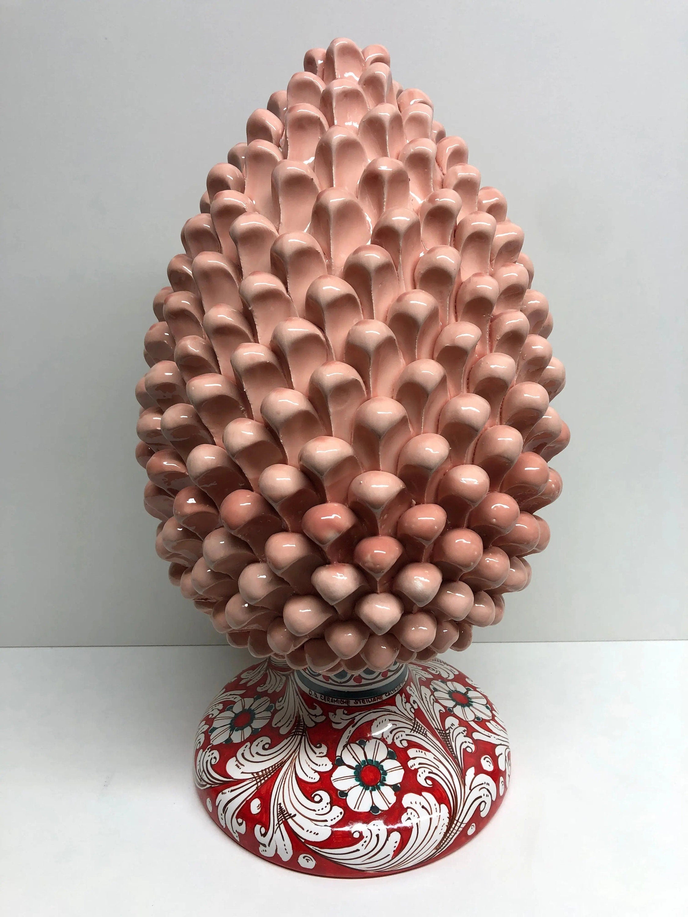 Pigna Ceramica Caltagirone cm H.40 Artigianale Rosa cipria Base Decorata Fiori DD CERAMICHE SICILIANE