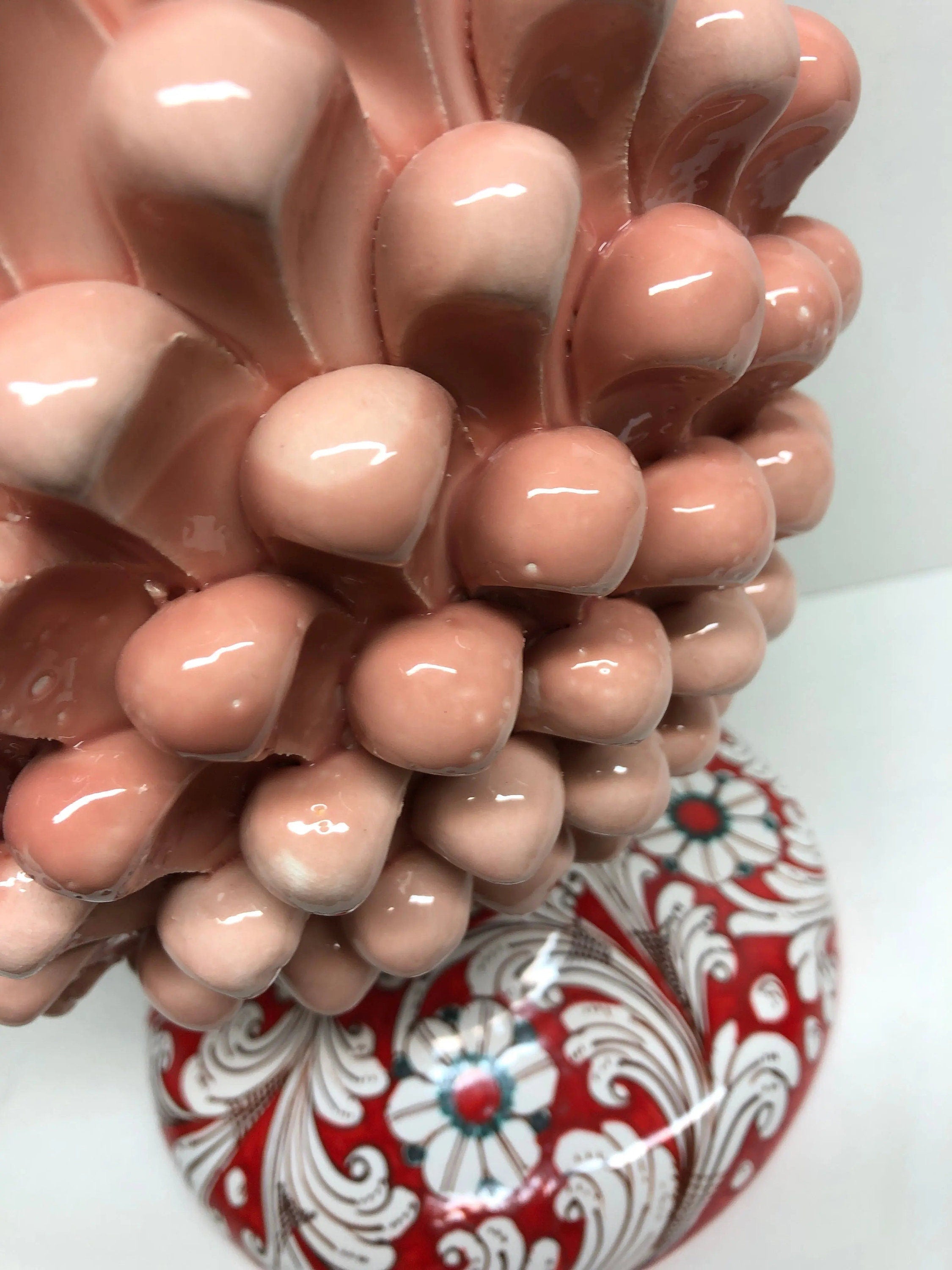 Pigna Ceramica Caltagirone cm H.40 Artigianale Rosa cipria Base Decorata Fiori DD CERAMICHE SICILIANE